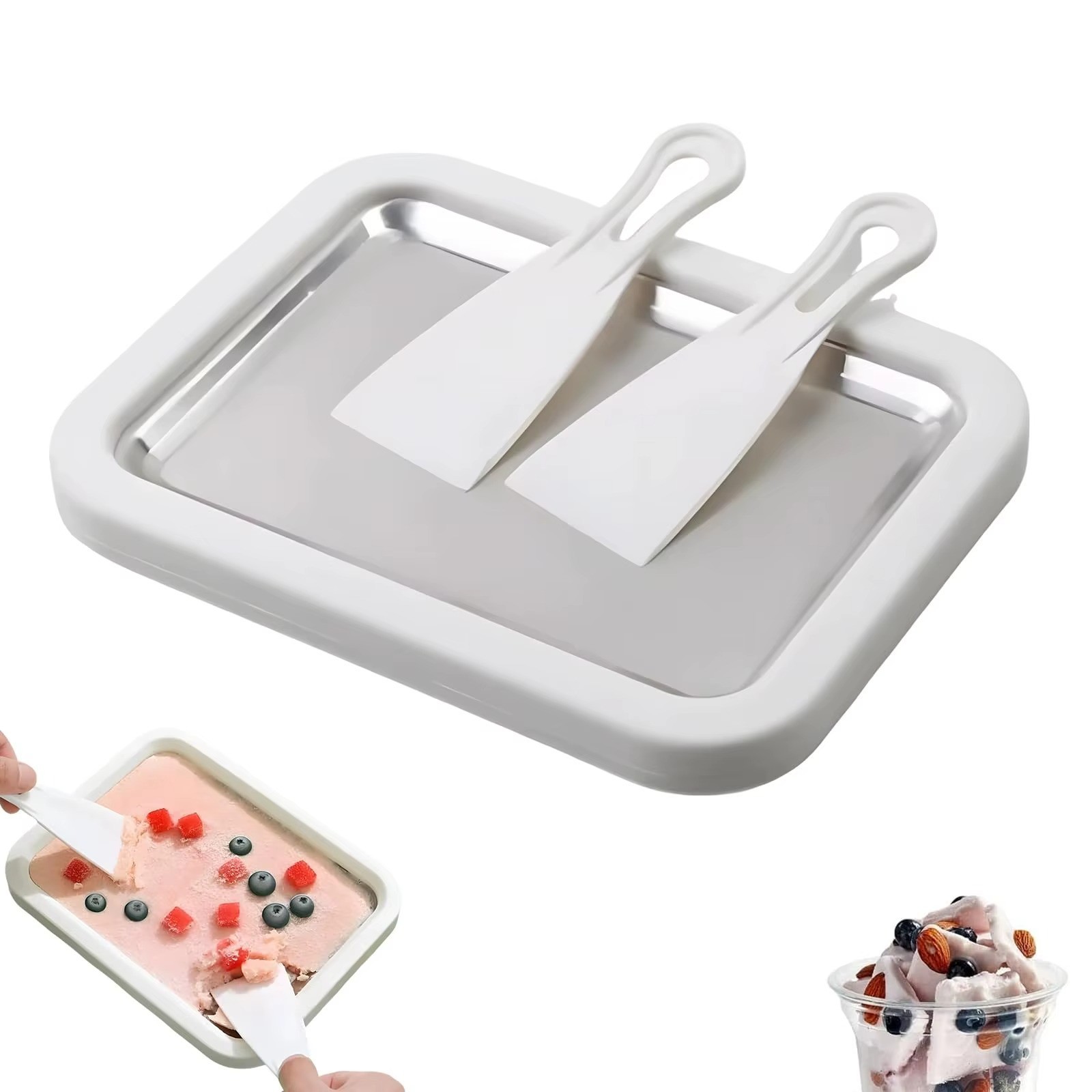 Rolled Ice Cream Maker Pan DIY Frozen Yogurt Sorbet Tray with Scrapers 🍦