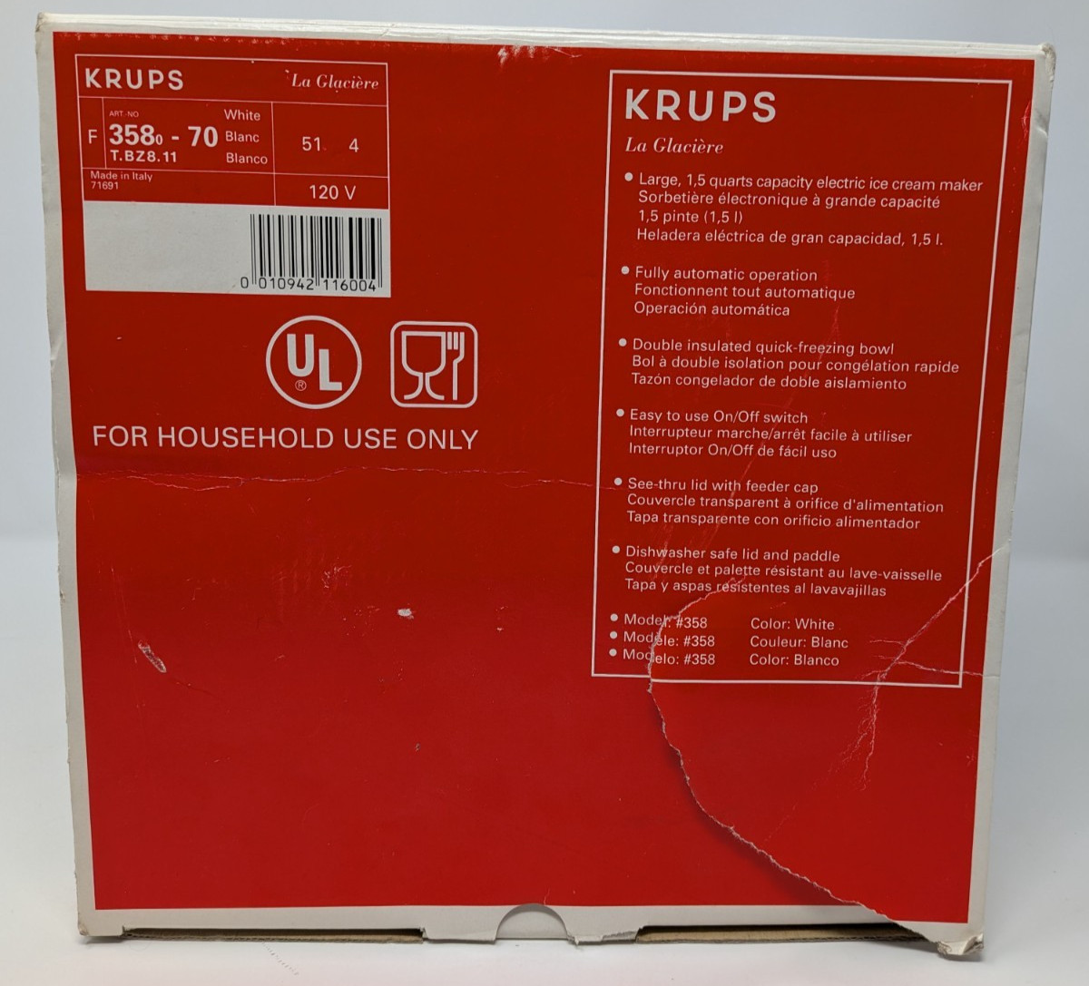 Krups La Glaciere Italian Italy Fresh Ice Cream Maker Model 358 Made In Italy
