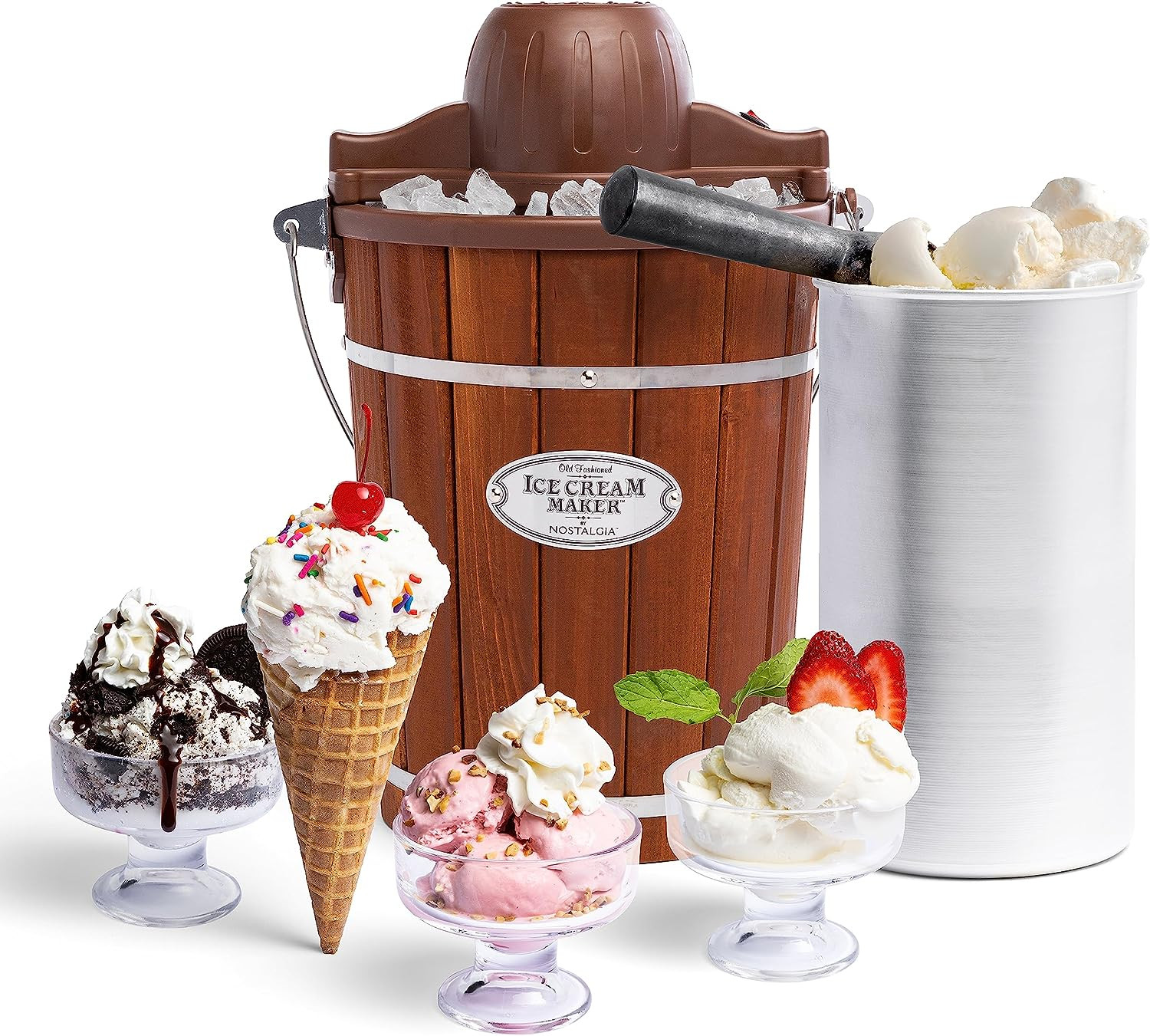 Old Fashioned Farmhouse Ice Cream Maker Electric & Hand Crank Churning 6 Qt