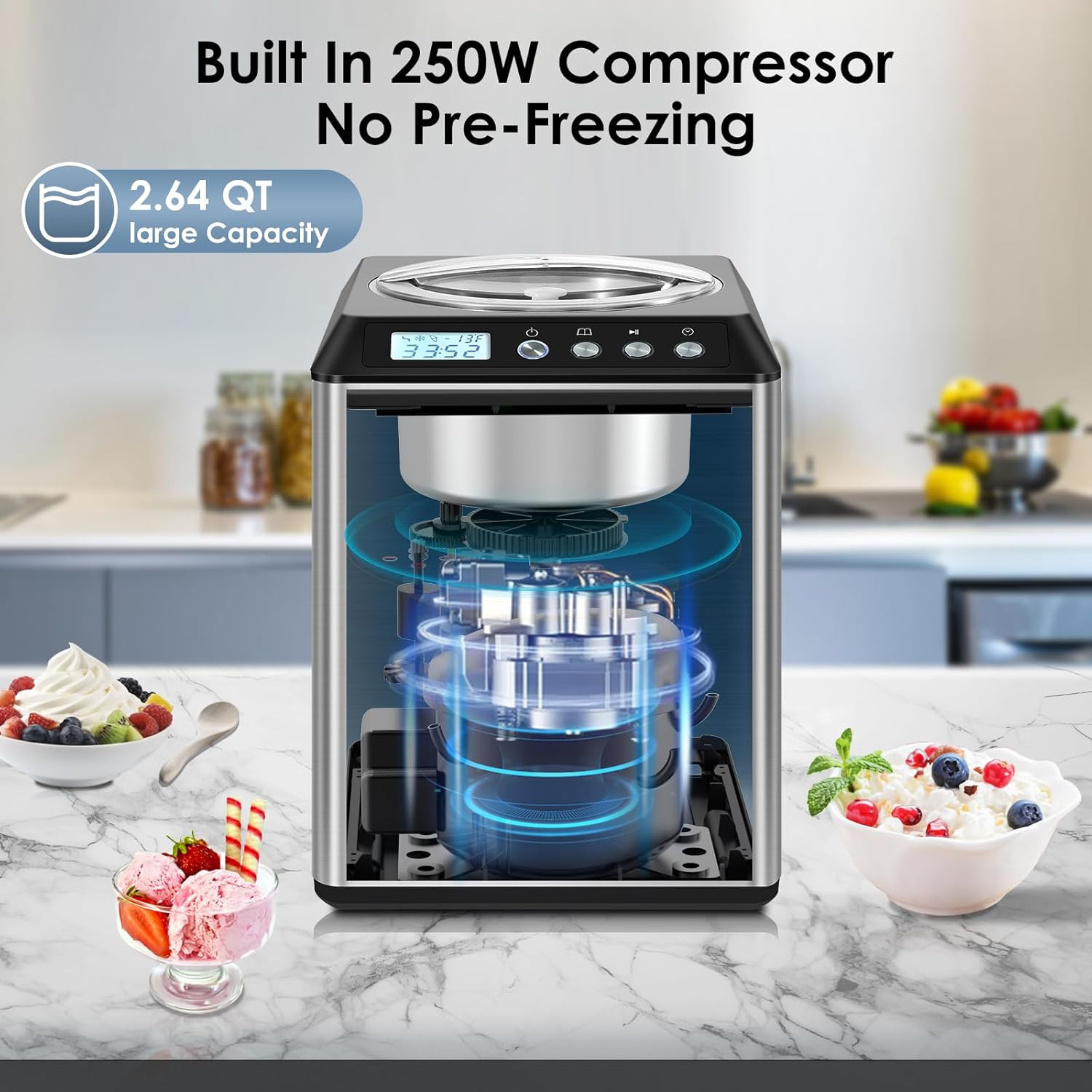 2.64QT Ice Cream Maker with Compressor, Largest Capacity Automatic Ice Cream Mak