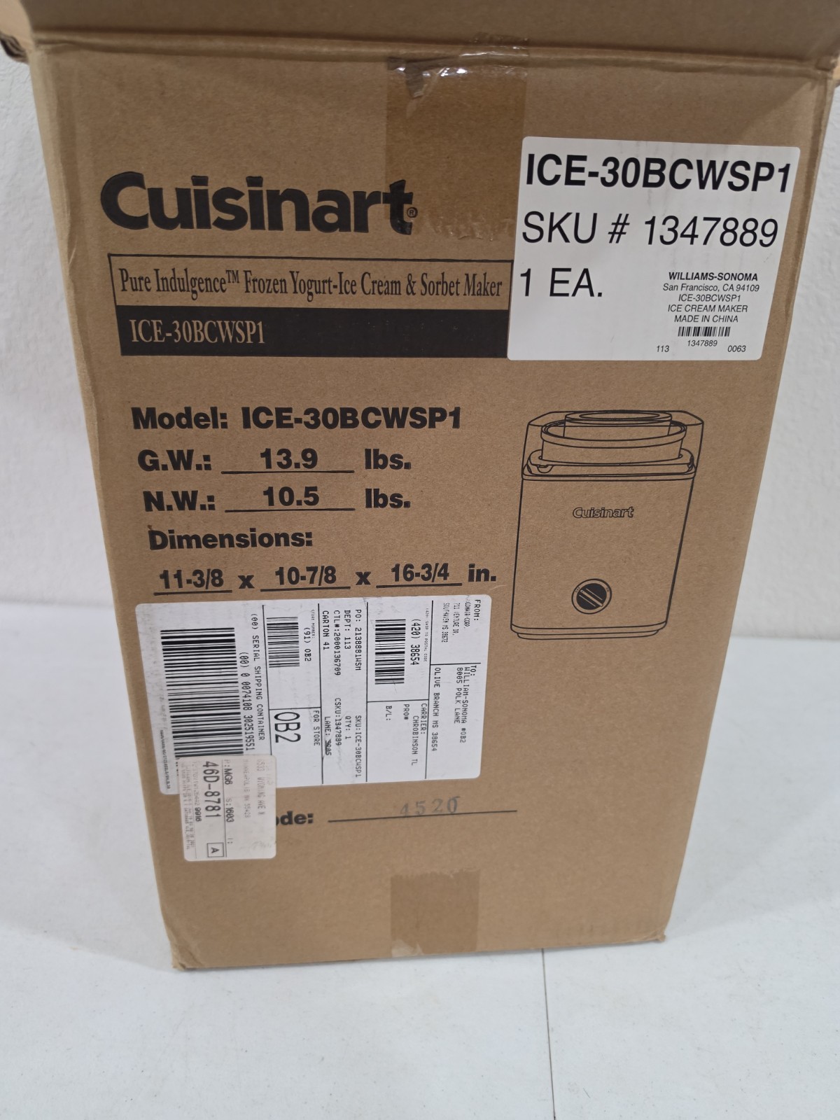 Cuisinart Ice Cream Maker, 2-Quart Sorbet and Frozen Yogurt Machine Open Box