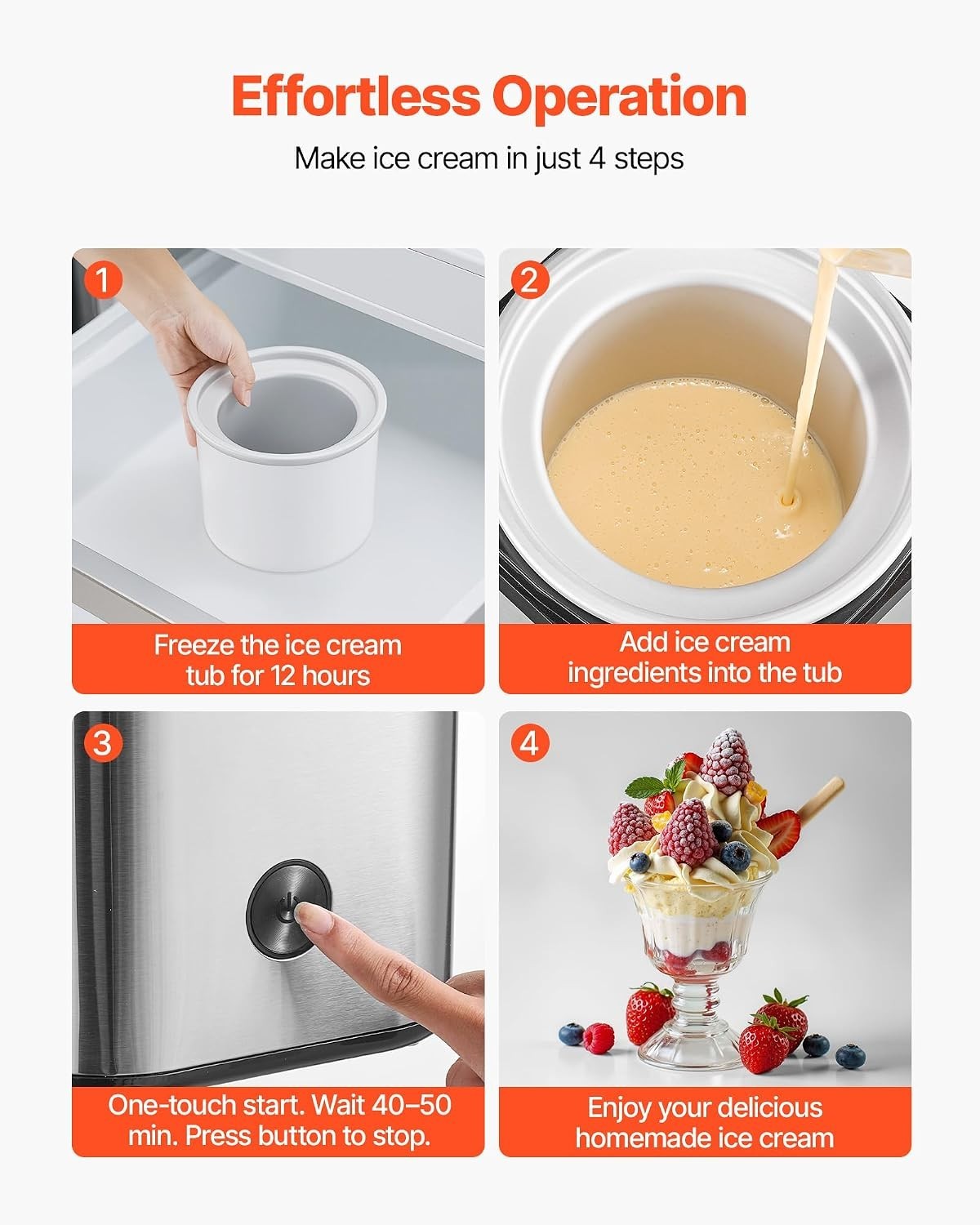 Effortless 2.11 Qt Ice Cream Maker – Stainless Steel, Quick Cleaning Design