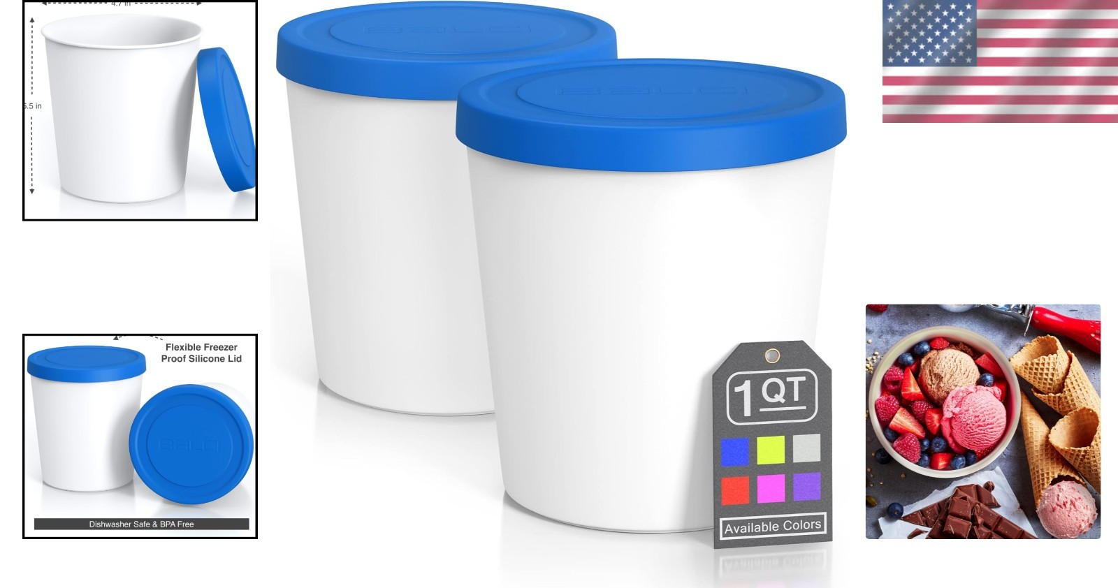 Durable Plastic Ice Cream Containers 2 Pack – 1 Quart with Lids, Dishwasher Safe