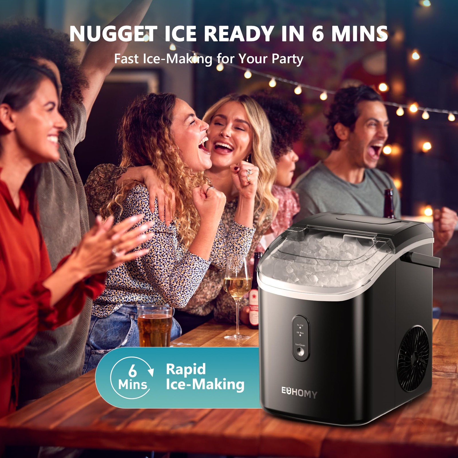 EUHOMY Nugget Ice Maker Countertop, 34lbs/Day, Ready in 6 Mins, W/ Handle