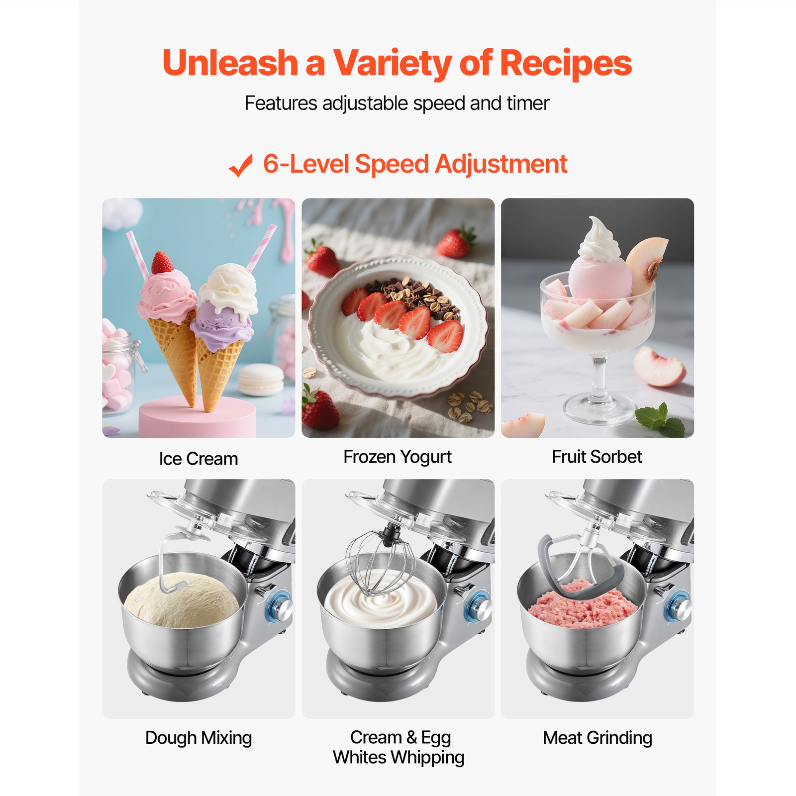 Uimoso 1.8 Qt Ice Cream Maker with 6-Speed Stand Mixer and Steel Bowl – Grey