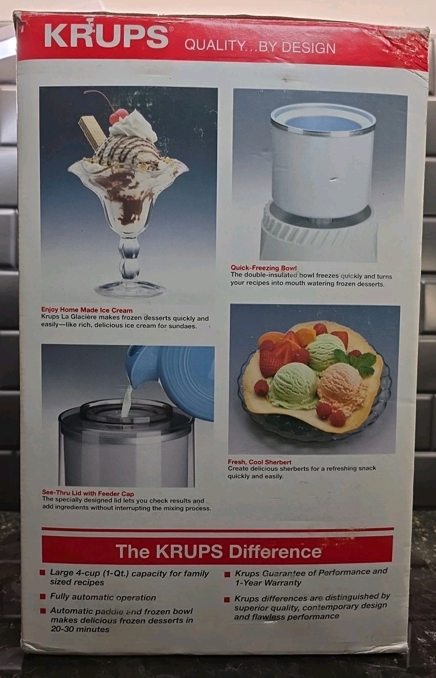 Krups La Glaciere 1 Quart Automatic Ice Cream Maker 337 White 120v