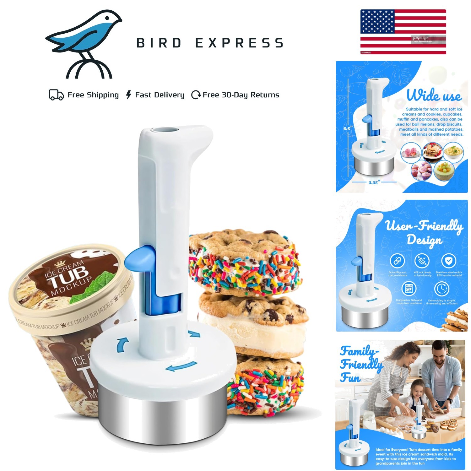 Stainless Steel Ice Cream Sandwich Maker Cookie Scoop with Easy Release Trigger