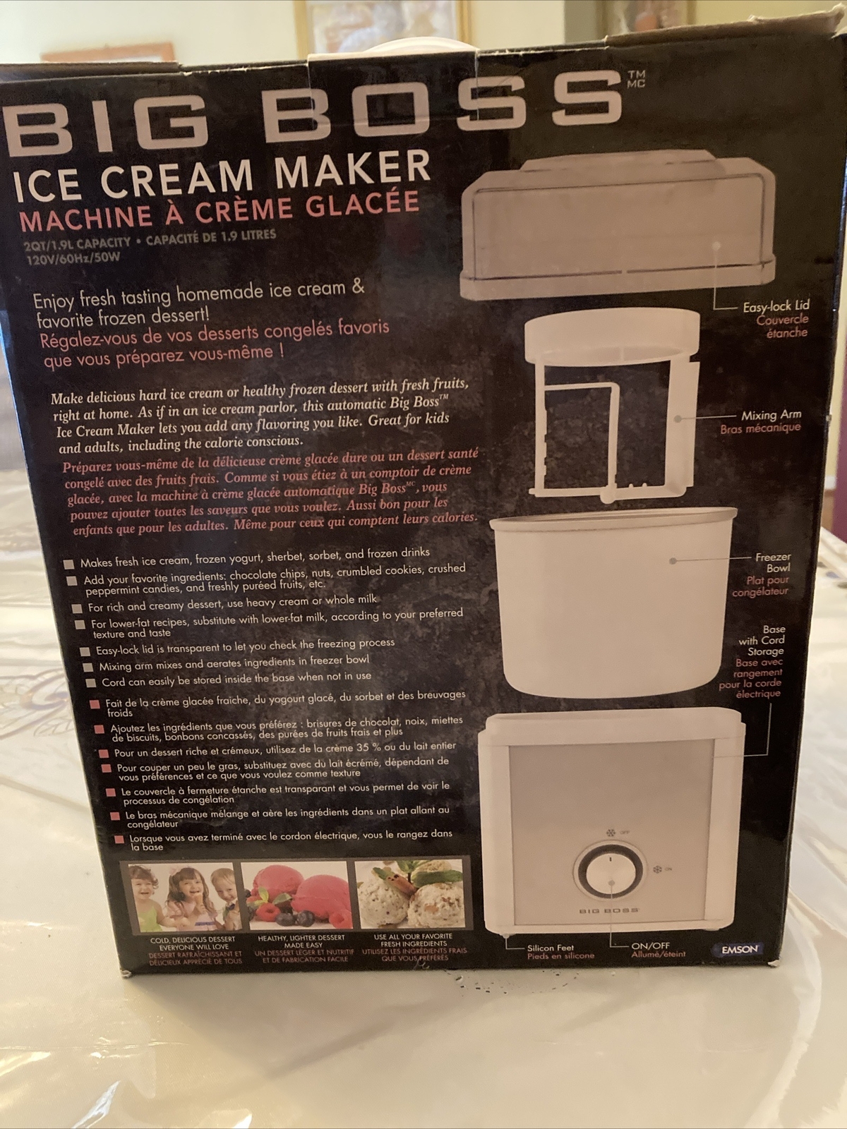 Big Boss 8882 2-Quart Ice Cream Maker, 2 Liter, White, OPEN BOX On/Off Knob