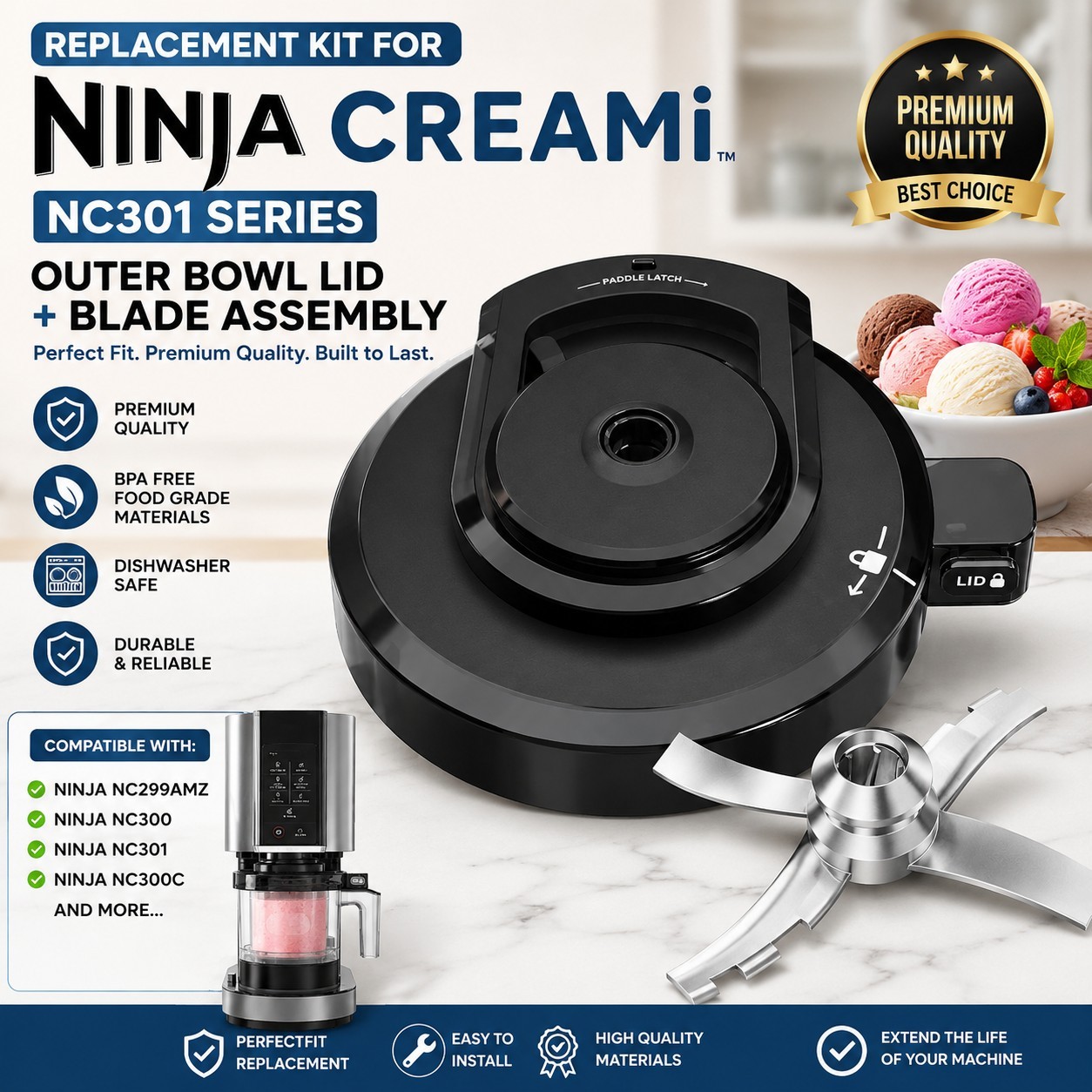 Ninja CREAMi NC300 NC301 Replacement Lid & Blade Kit Ice Cream Maker New