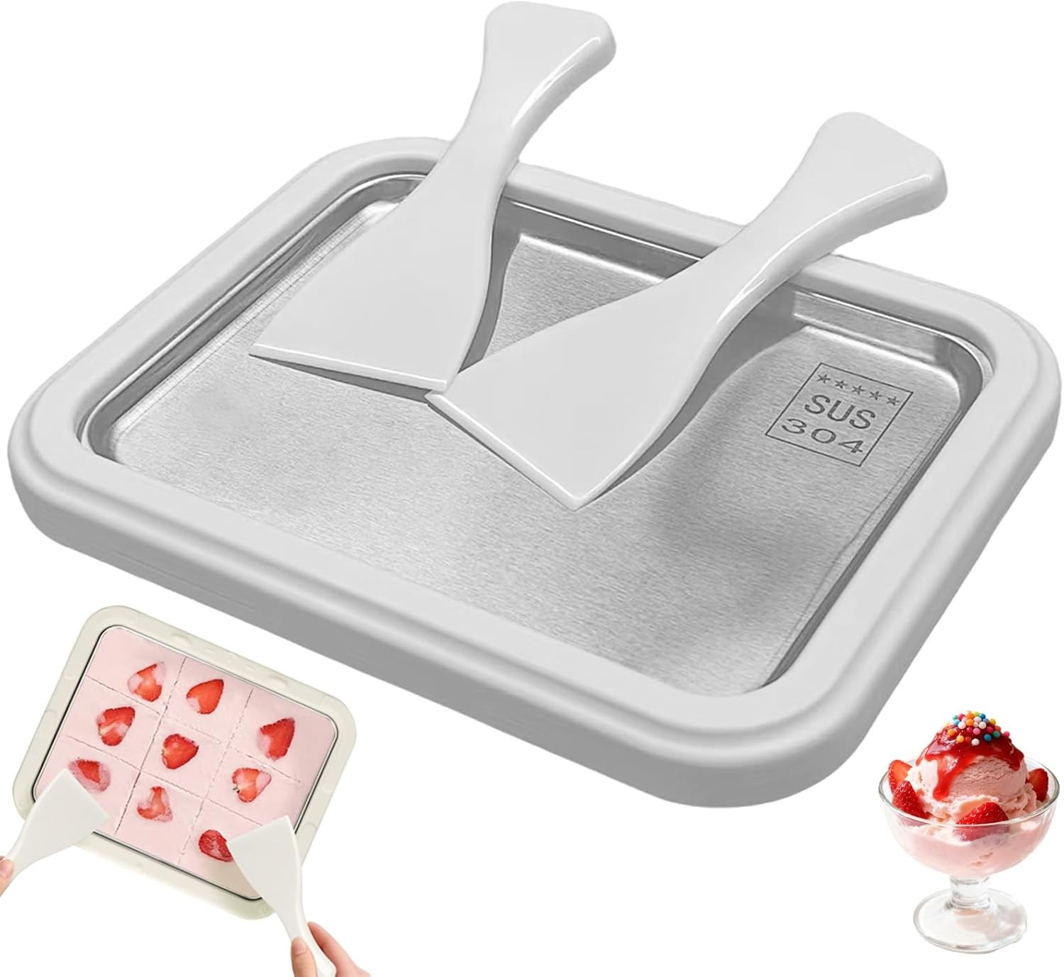 Rolled Ice Cream Maker Kit, At-Home Instant Freeze Plate with 2 Scrapers (white)