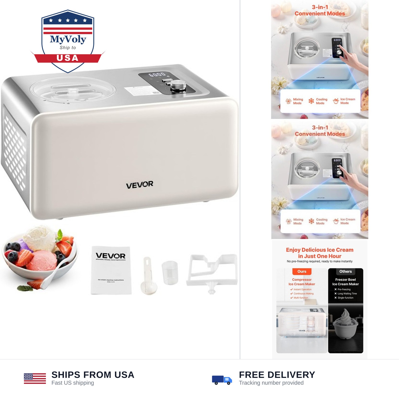 VEVOR Automatic Ice Cream Maker with Built-in Compressor, 2 Quart No Pre-free…