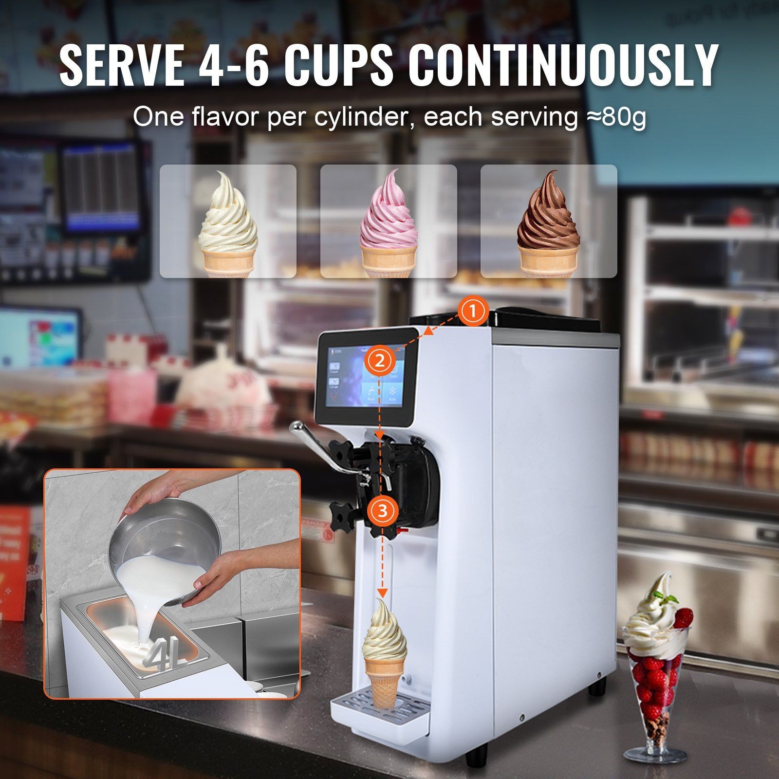 10.6QT/H 1000W Soft Serve Machine, 4L Hopper 1.6L Cylinder, Auto Clean
