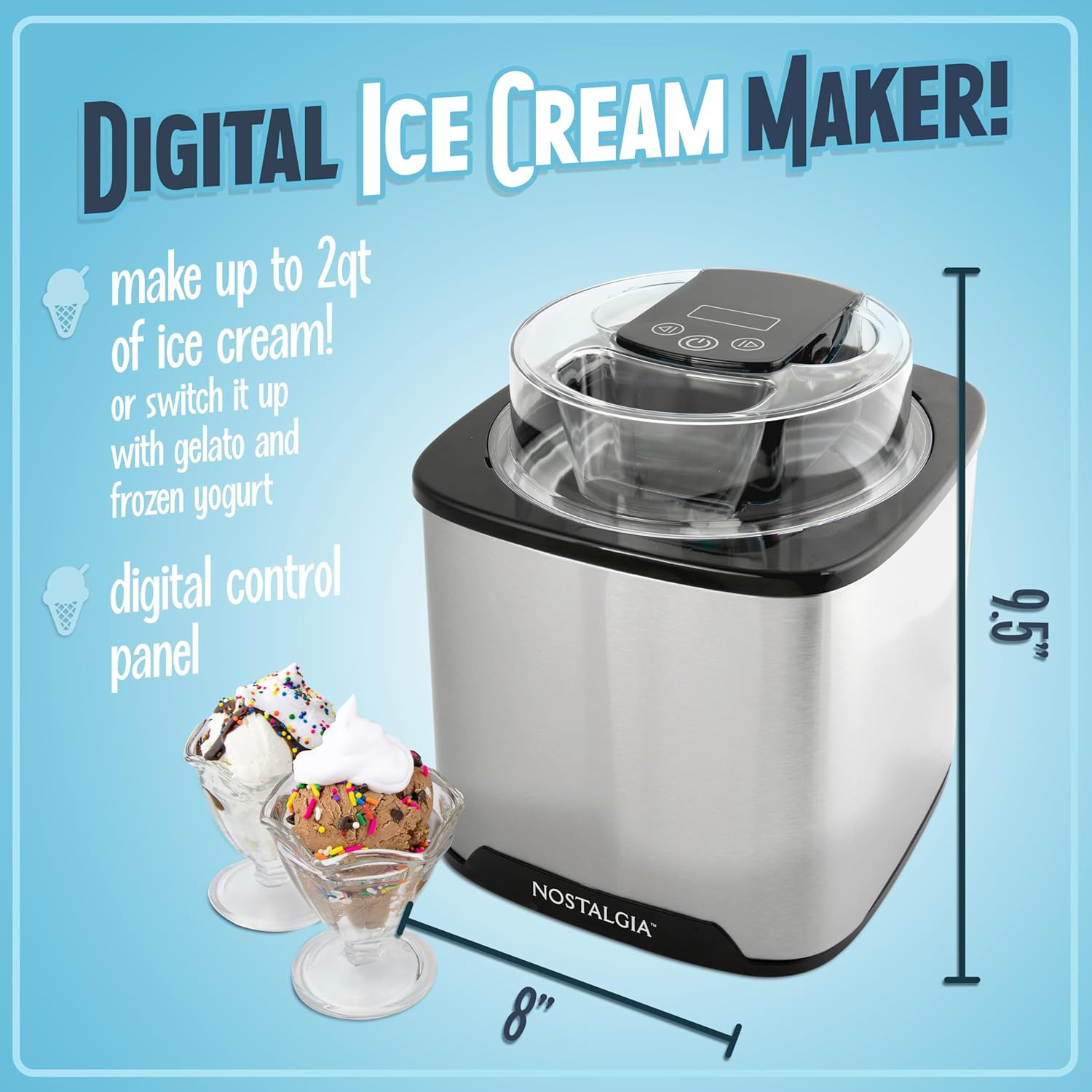 Electric 2-Quart Ice Cream Maker – Gelato, Sorbet & Frozen Yogurt, No Ice Needed