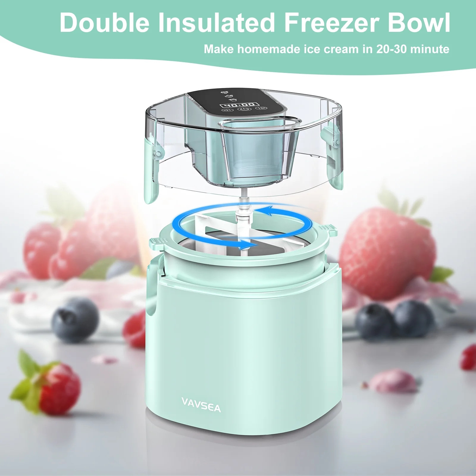 VAVSEA 1.6 Qt Ice Cream Maker Machine LED Touch Screen 3 Modes Timer Mint Green