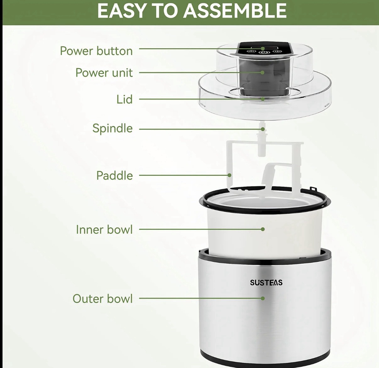 SUSTEAS 2 Qt 150W Electric Ice Cream Maker Timer, Brushed Stainless Freezer Bowl