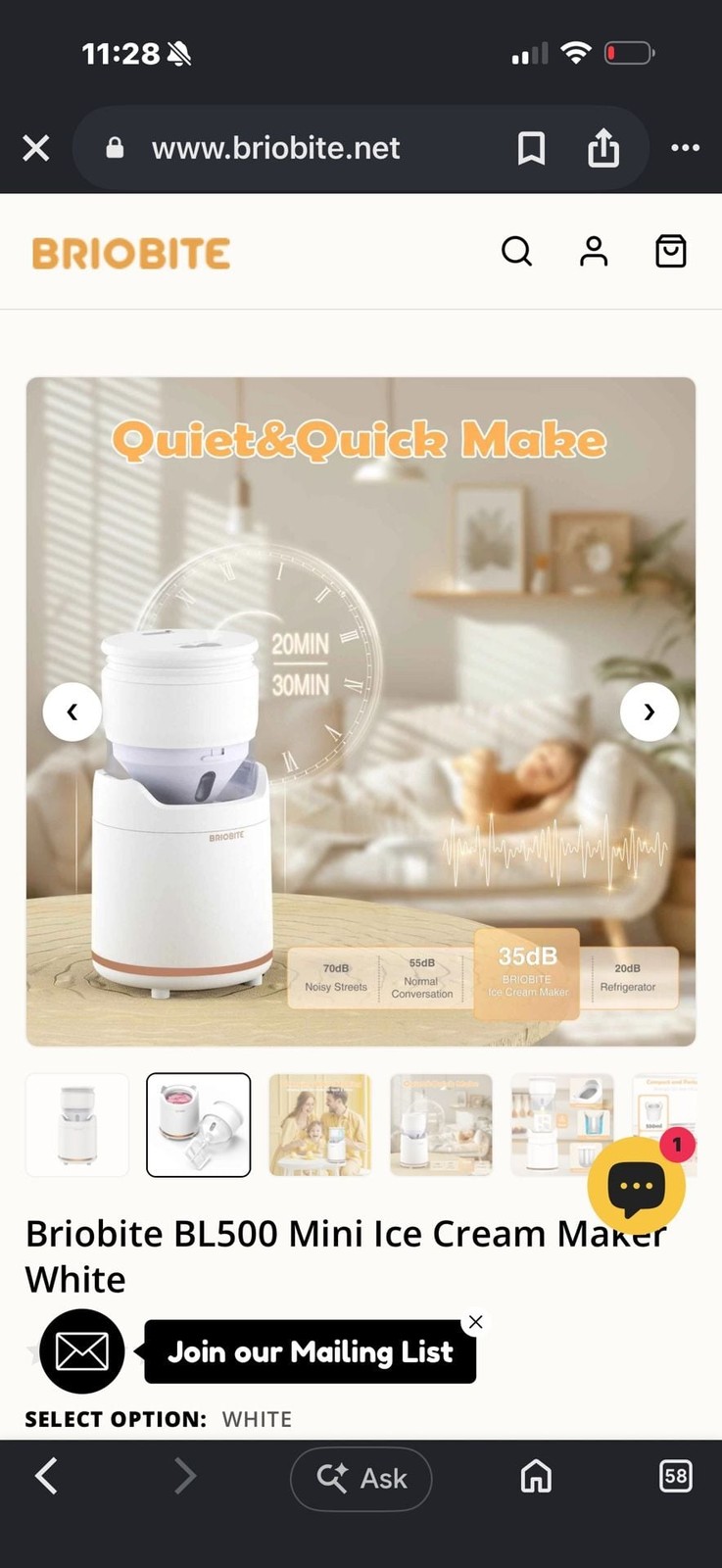 Briobite BL500 Mini Ice Cream Maker White