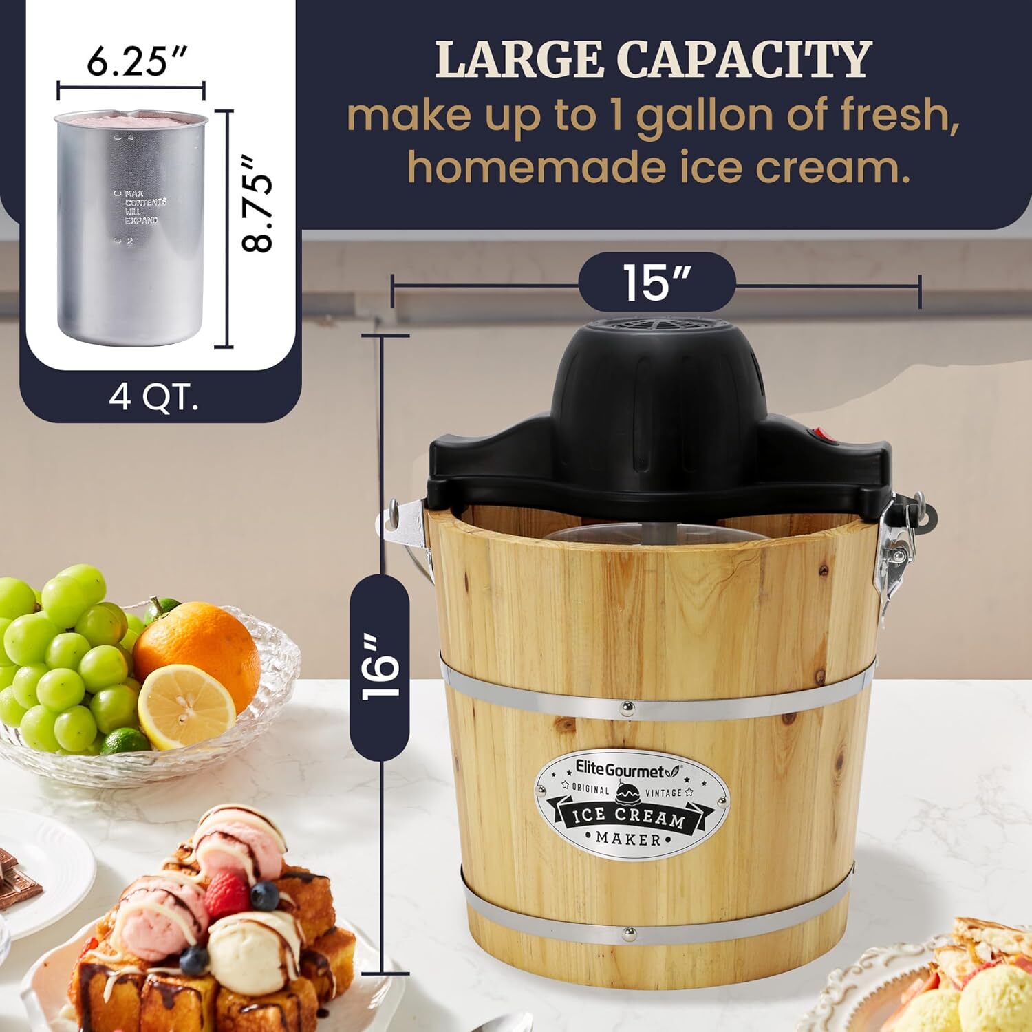 Old Fashioned 4 Quart Vintage Electric Ice Cream Maker Wood Bucket Hand Crank