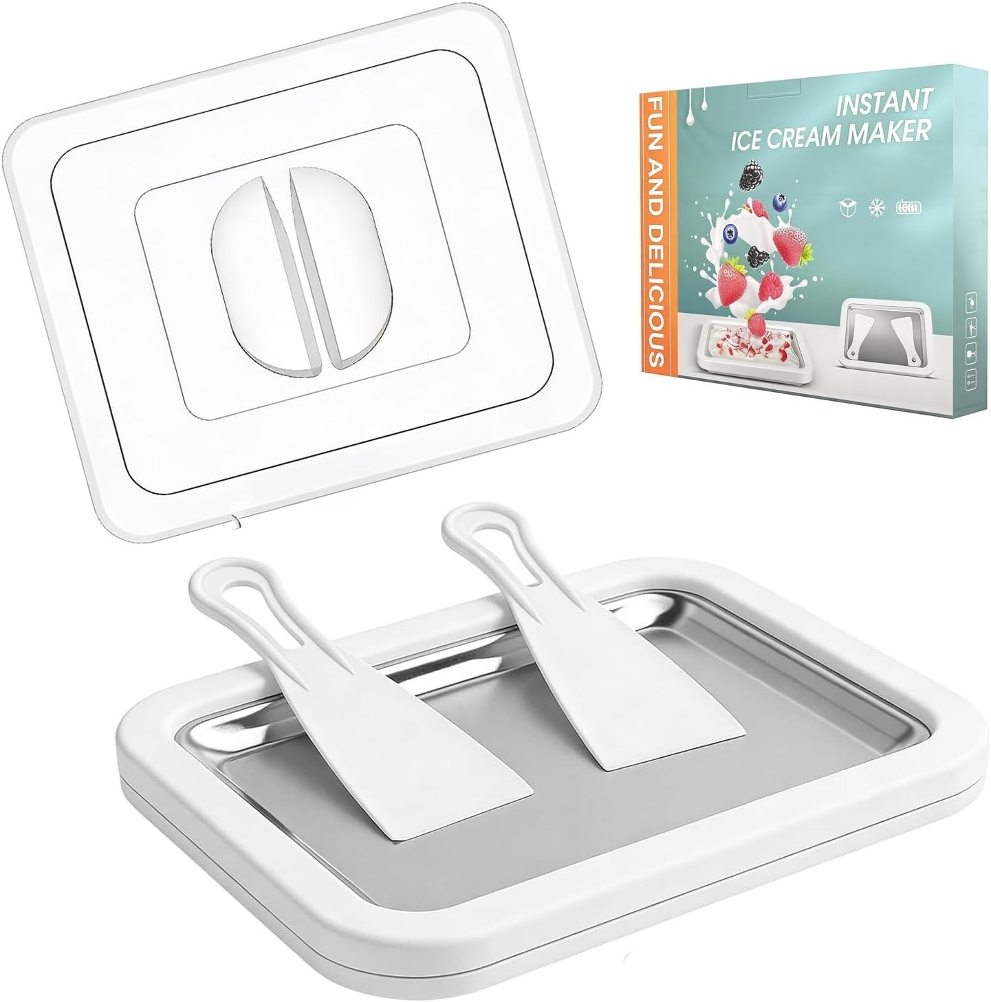 Rolled Ice Cream Maker Tray W/ Lid & 2 Scrapers 304 Stainless Steel Ice Cream