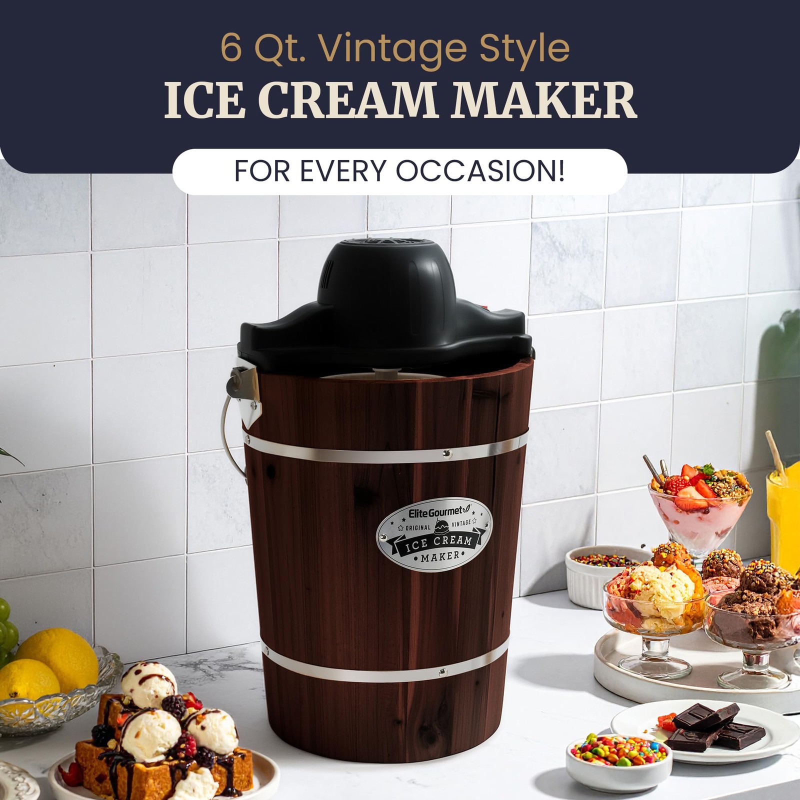 Elite Gourmet 6Qt Electric Ice Cream Maker Vintage Wood Bucket EIM949