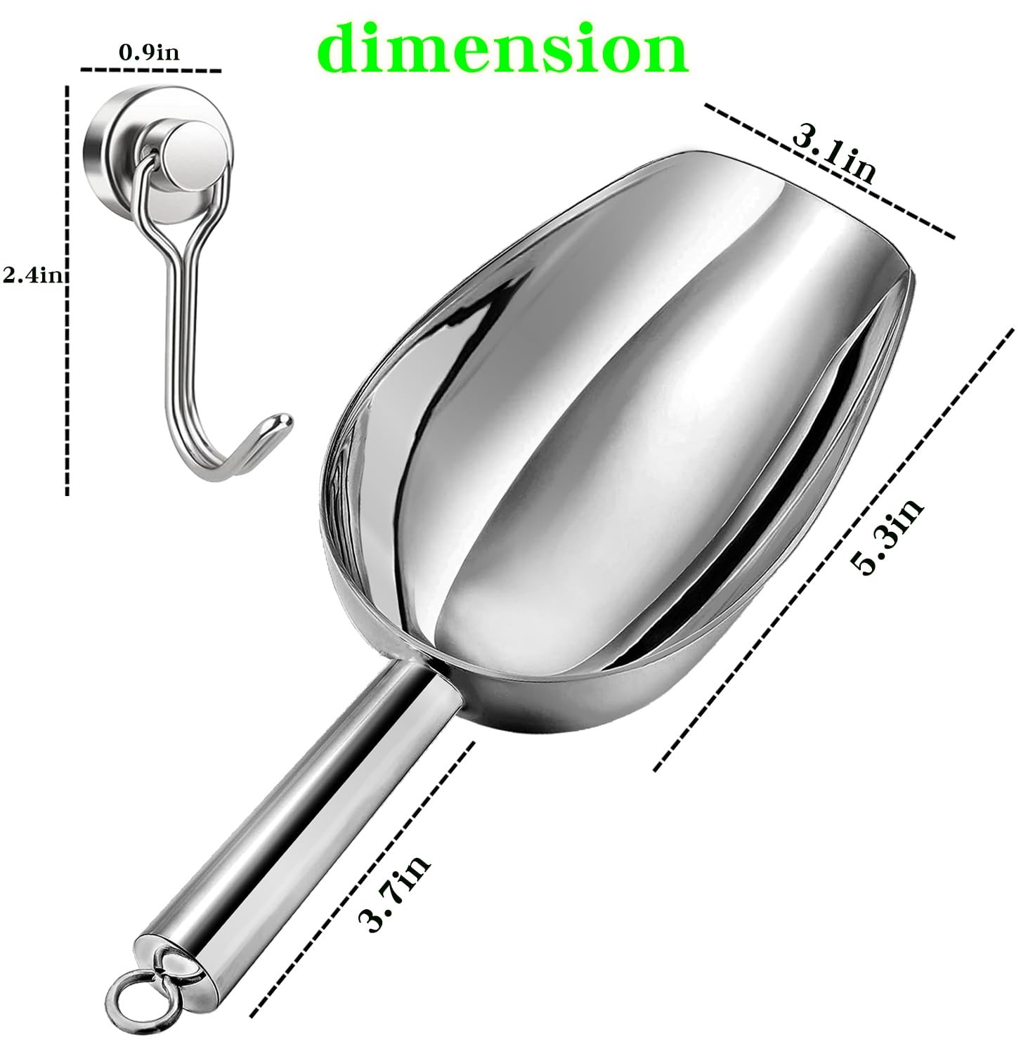 6oz Stainless Steel Ice Scoop for Freezer with Magnetic Medium, 6OZ Silver