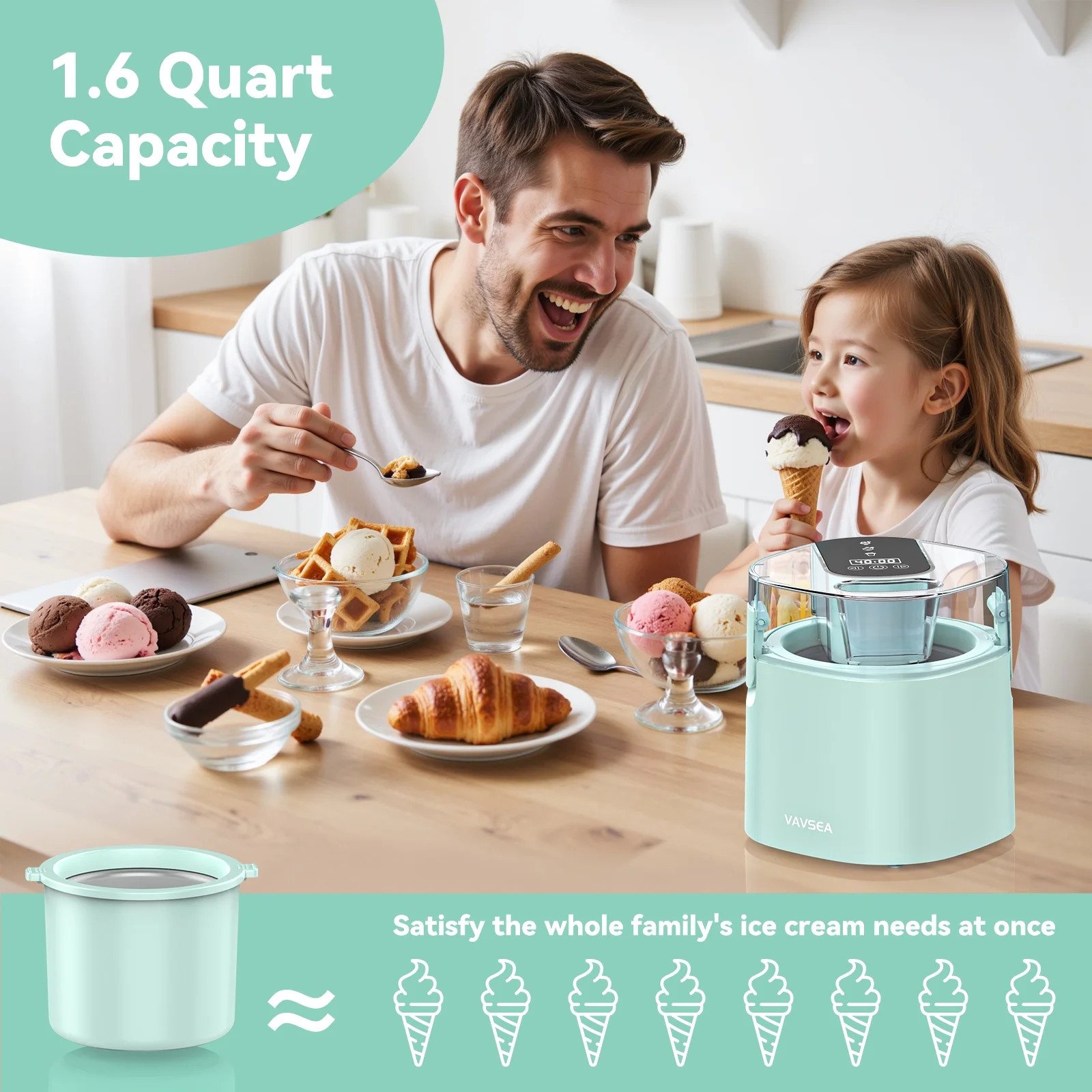 VAVSEA 1.6 Qt Ice Cream Maker Machine LED Touch Screen 3 Modes Timer Mint Green