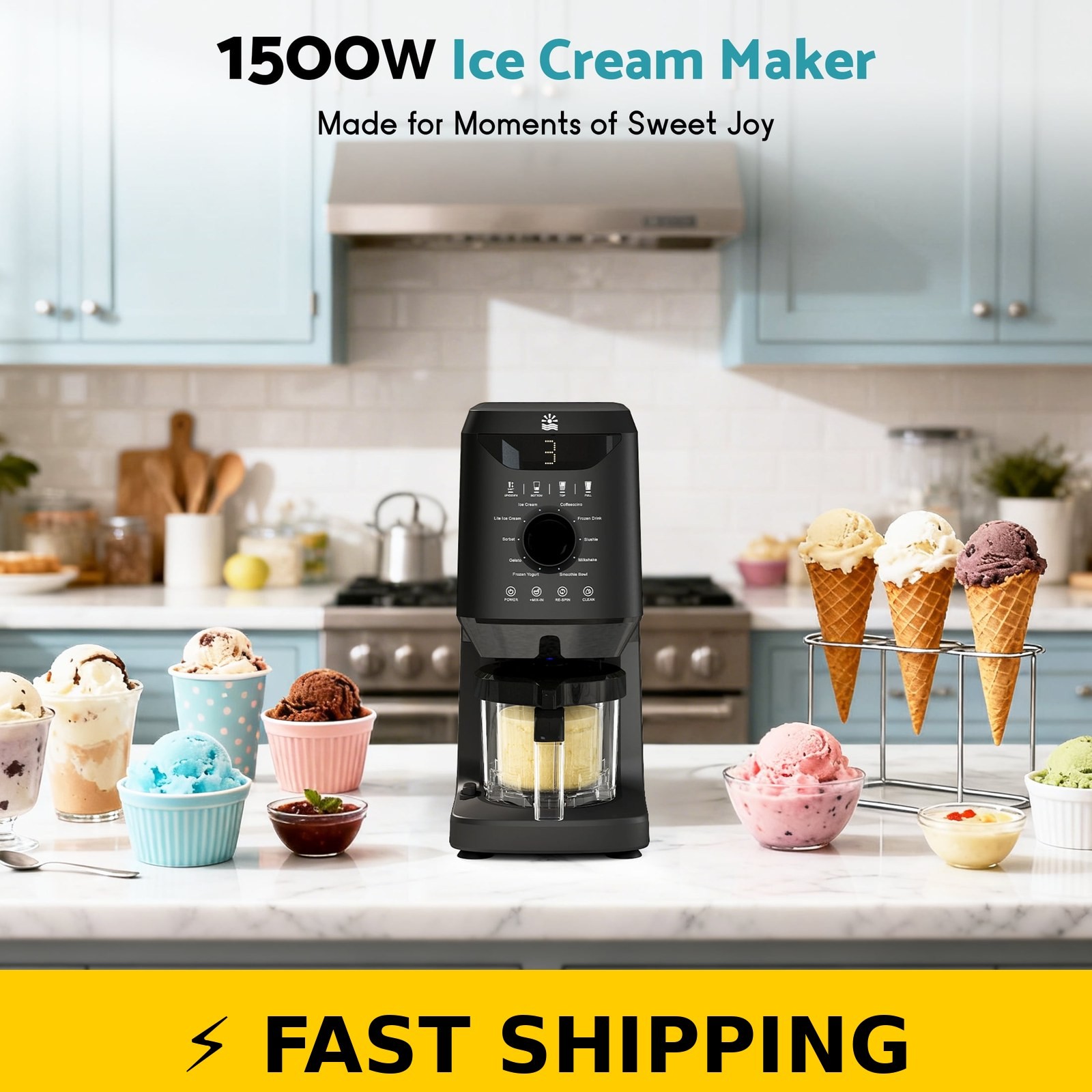 FLAMEMORE 12-in-1 Ice Cream Maker, Self Cleaning, Black
