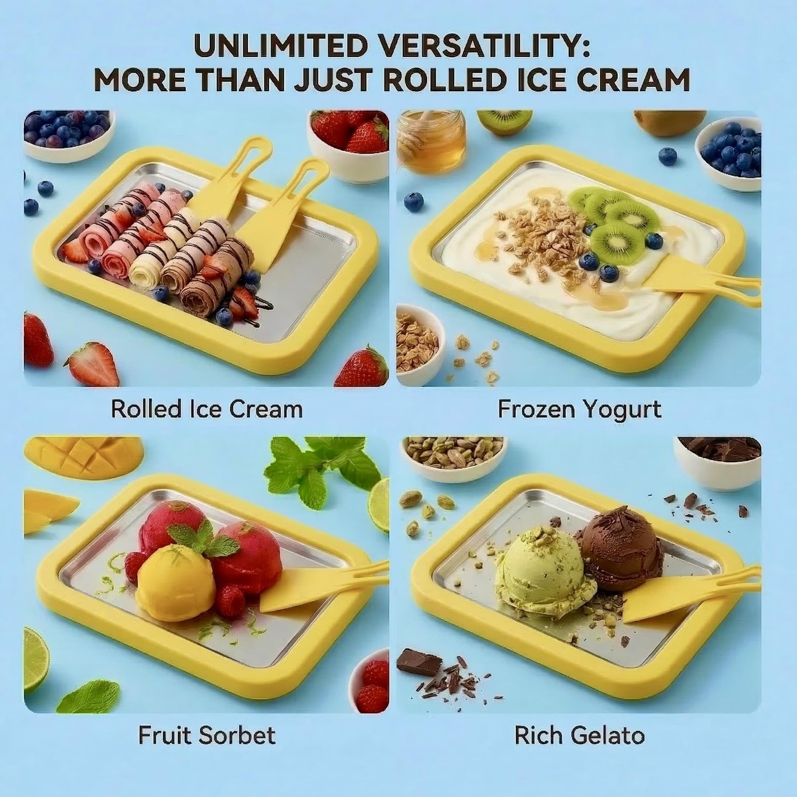 Rolled Ice Cream Maker Tray with 2 Scrapers Spatulas for Family Activity