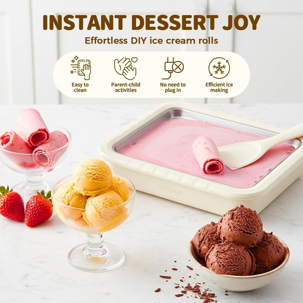 Rolled Ice Cream Maker Tray W/ Lid & 2 Scrapers 304 Stainless Steel Ice Cream