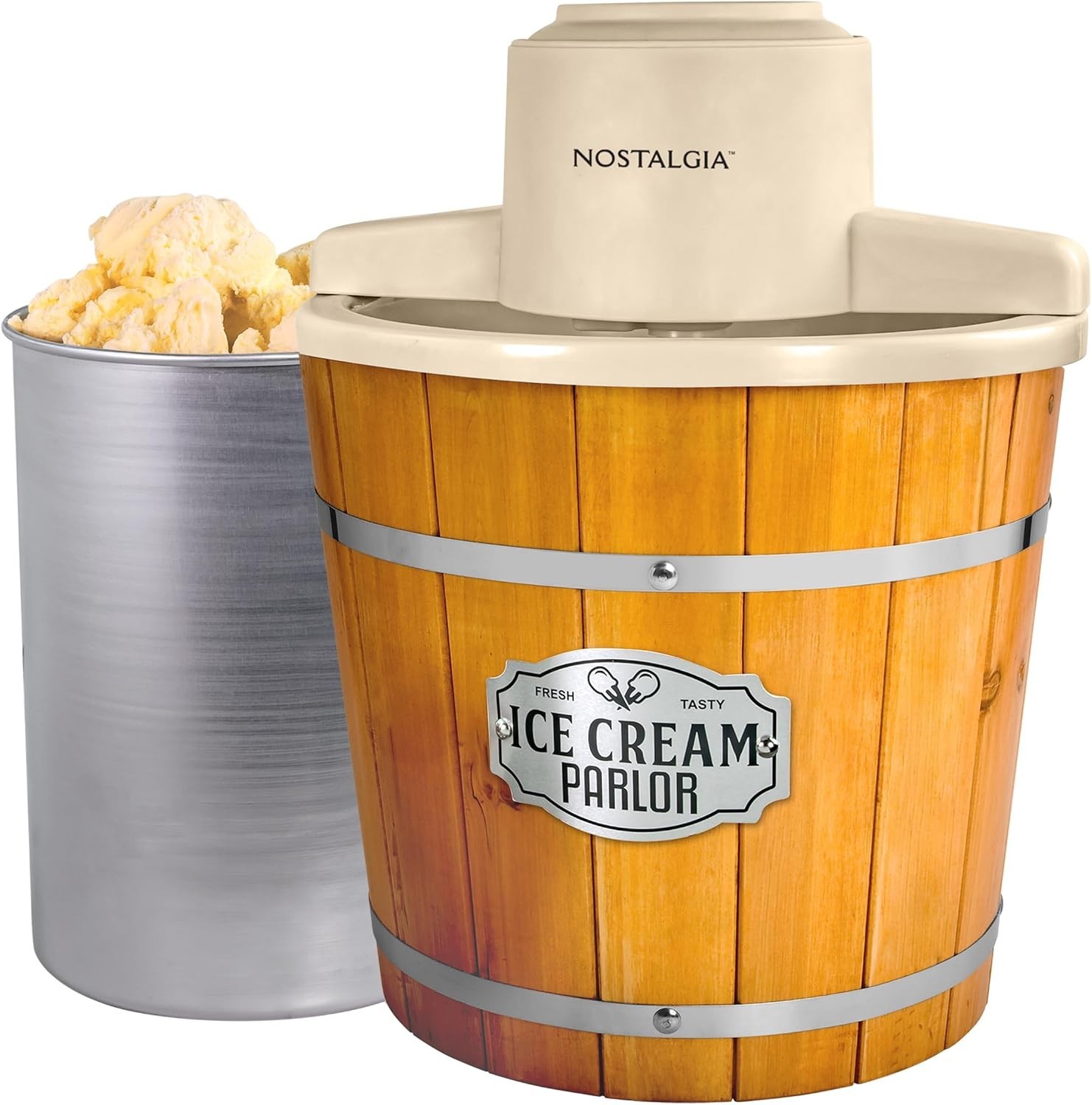Old-Fashioned Electric Ice Cream Machine with 4 Qt Capacity – Light Wood Design