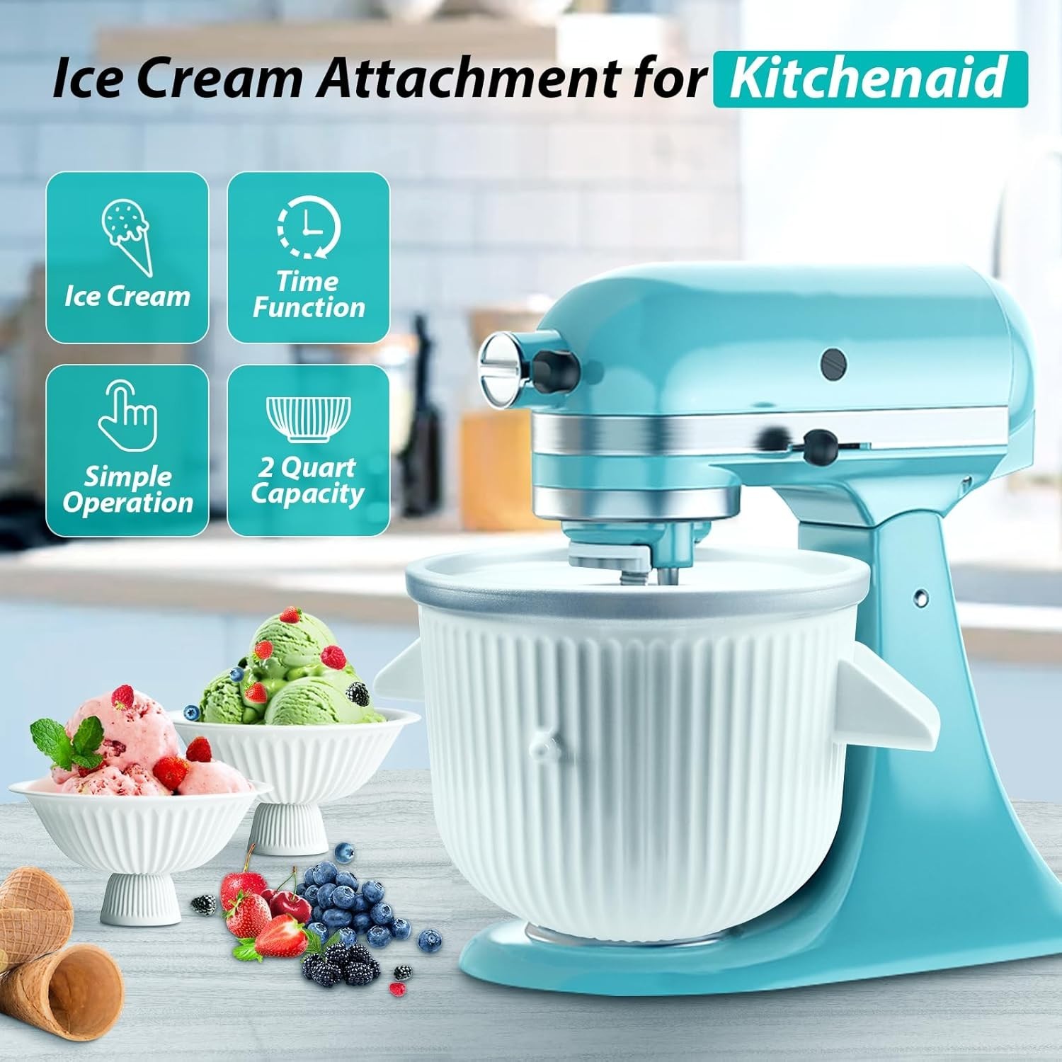 Ice Cream Maker Attachment for KitchenAid Stand Mixer, Ice Cream Bowl Compatible