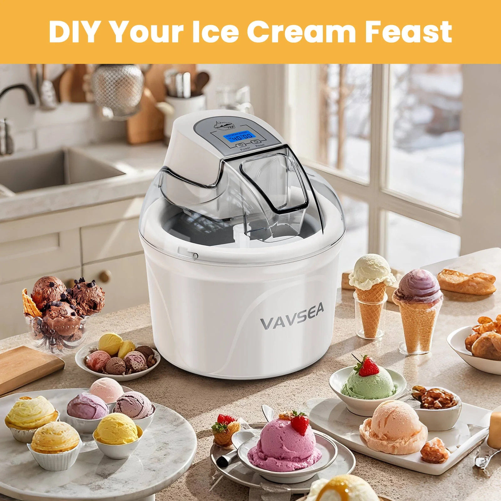 1.5 Qt Ice Cream Maker w/LCD Display, Timer, Double-Insulated Bowl & Scoop