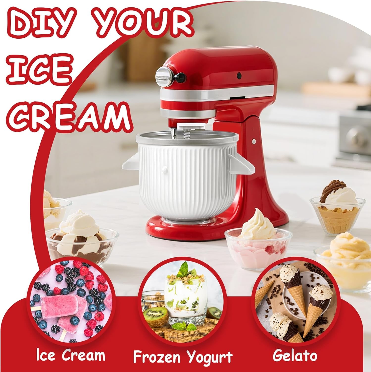 2QT Ice Cream Maker Attachment Fit KitchenAid 4.5/5/6QT Mixers White