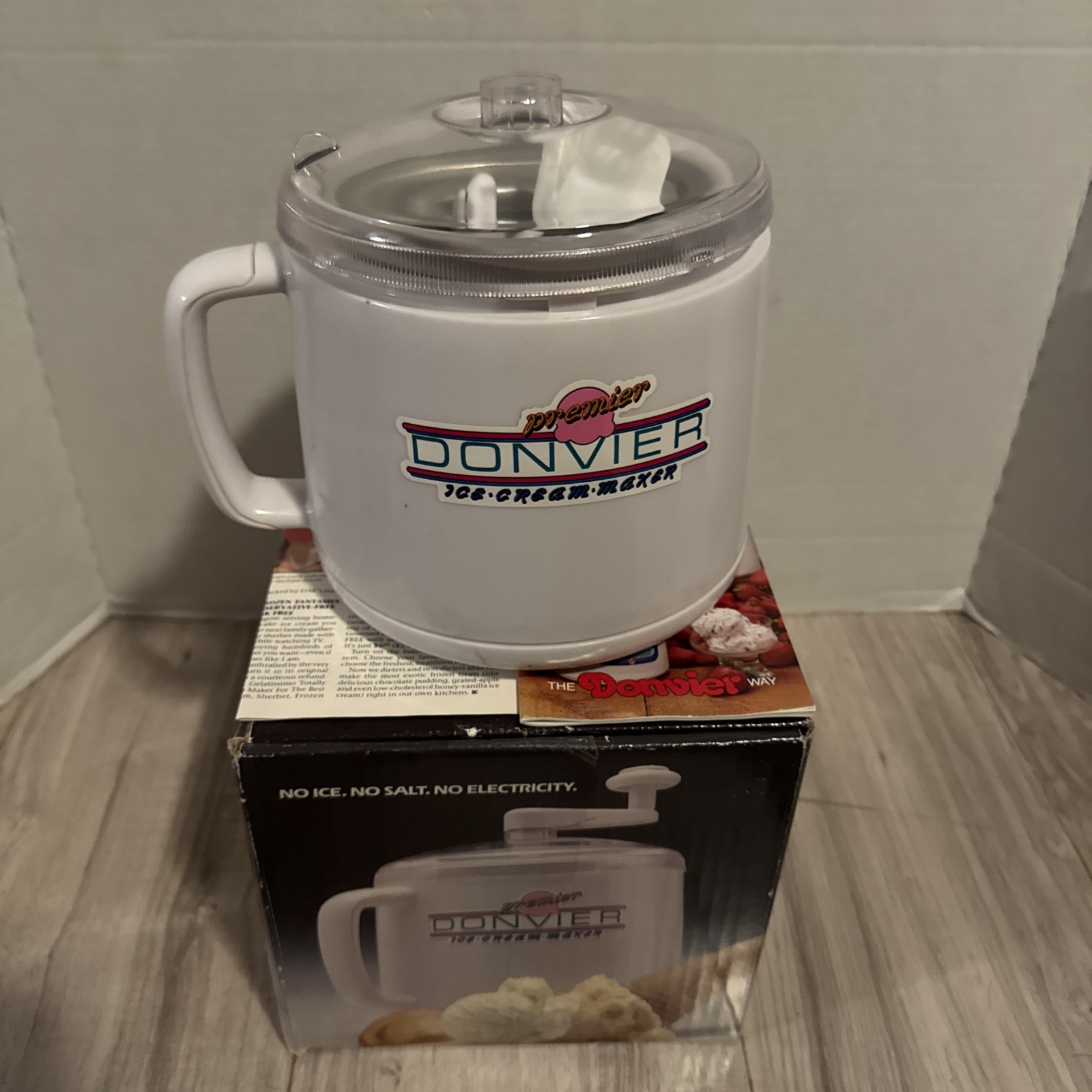 Vintage Donvier Premier White Homemade Ice Cream Maker Hand Crank USED ONCE