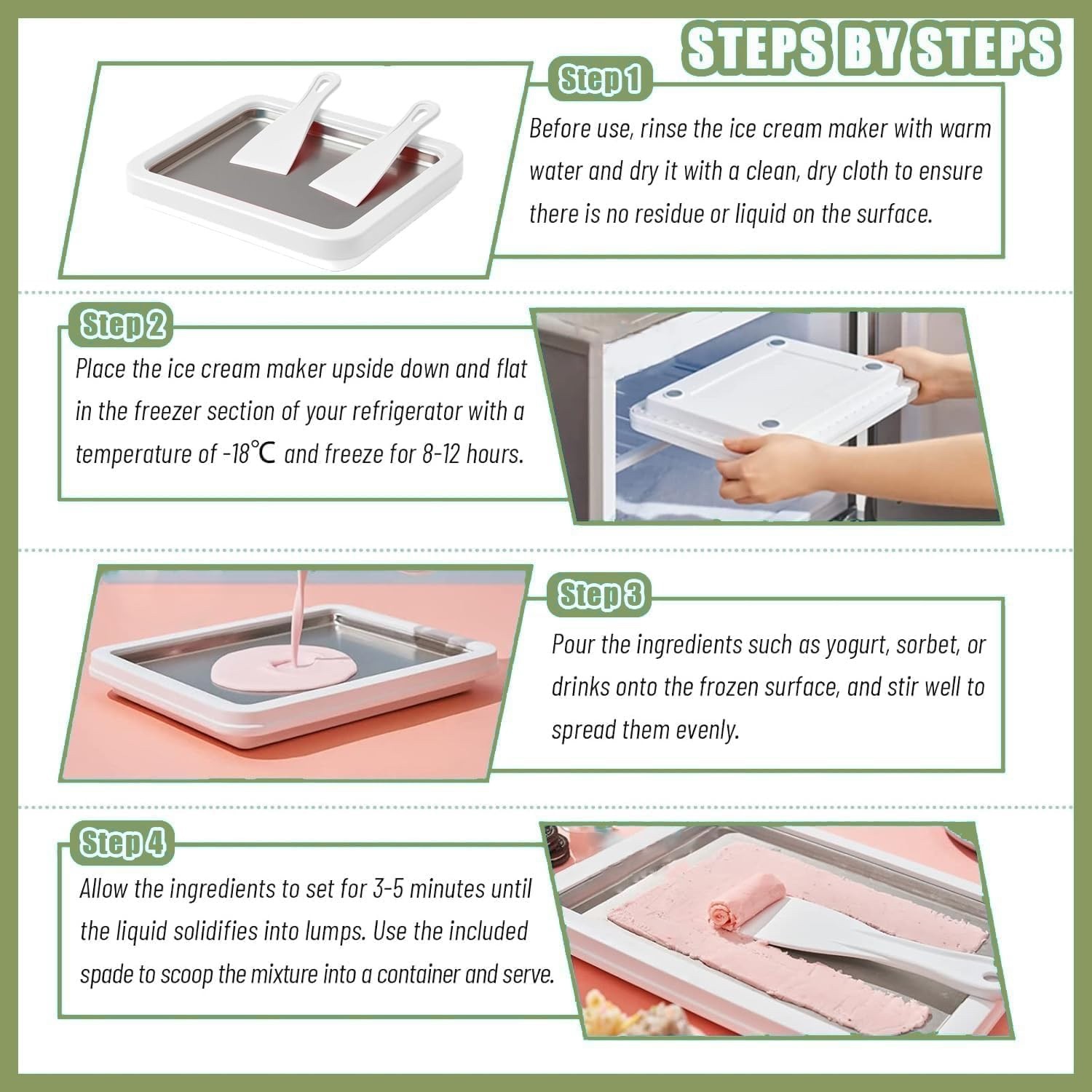 Stainless Steel At Home Rolled Ice Cream Maker Kit w/ 2 Scrapers and Tray Green