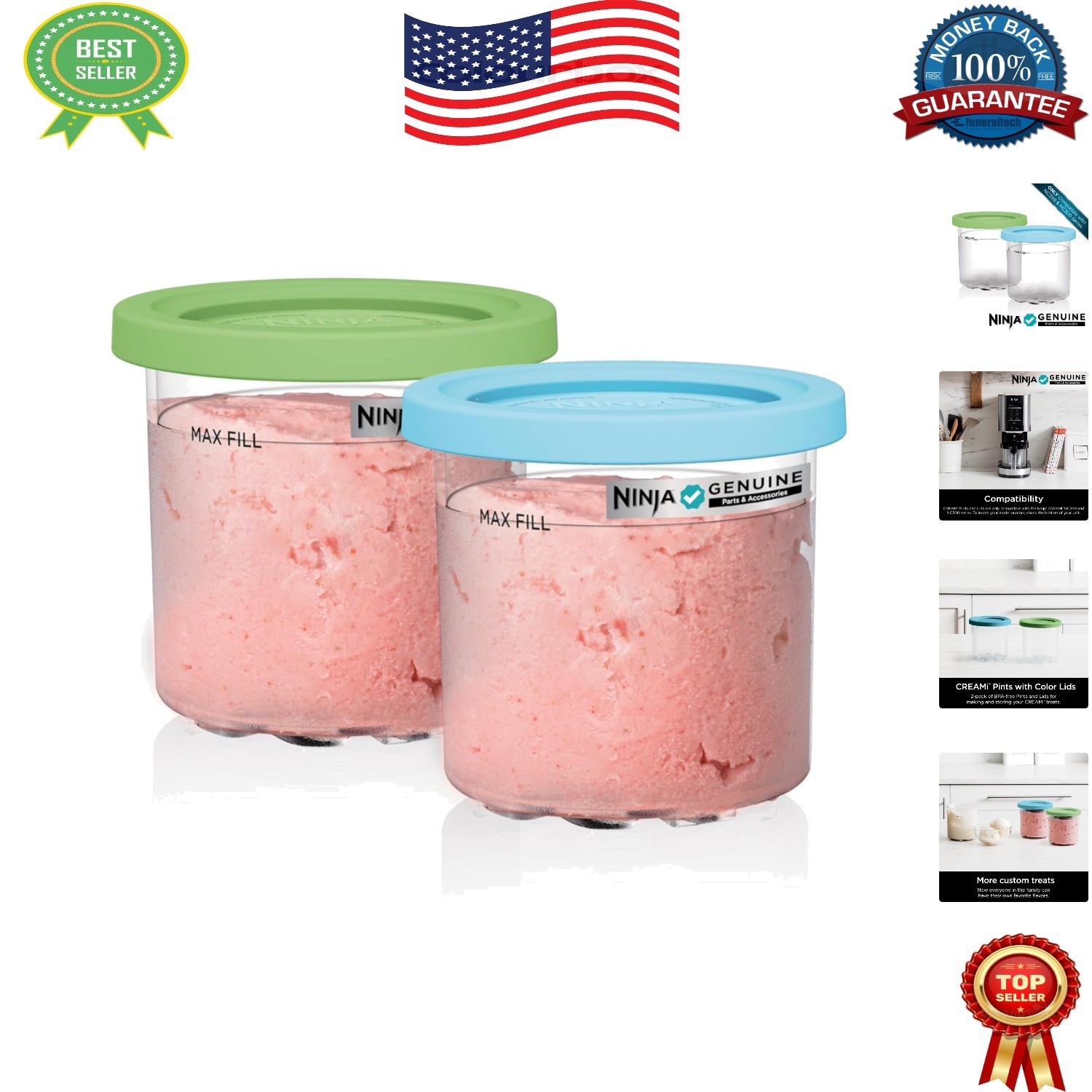 Compatible Ninja CREAMi Pints 2 Pack – 16oz Lime & Aqua, Easy Cleanup Included