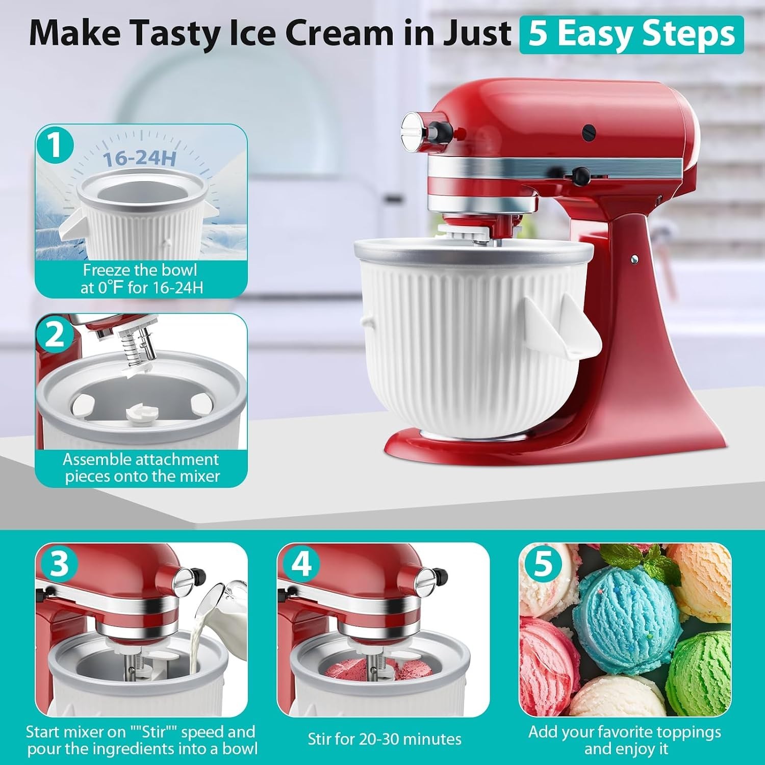 Ice Cream Maker Attachment for KitchenAid Stand Mixer, Ice Cream Bowl Compatible