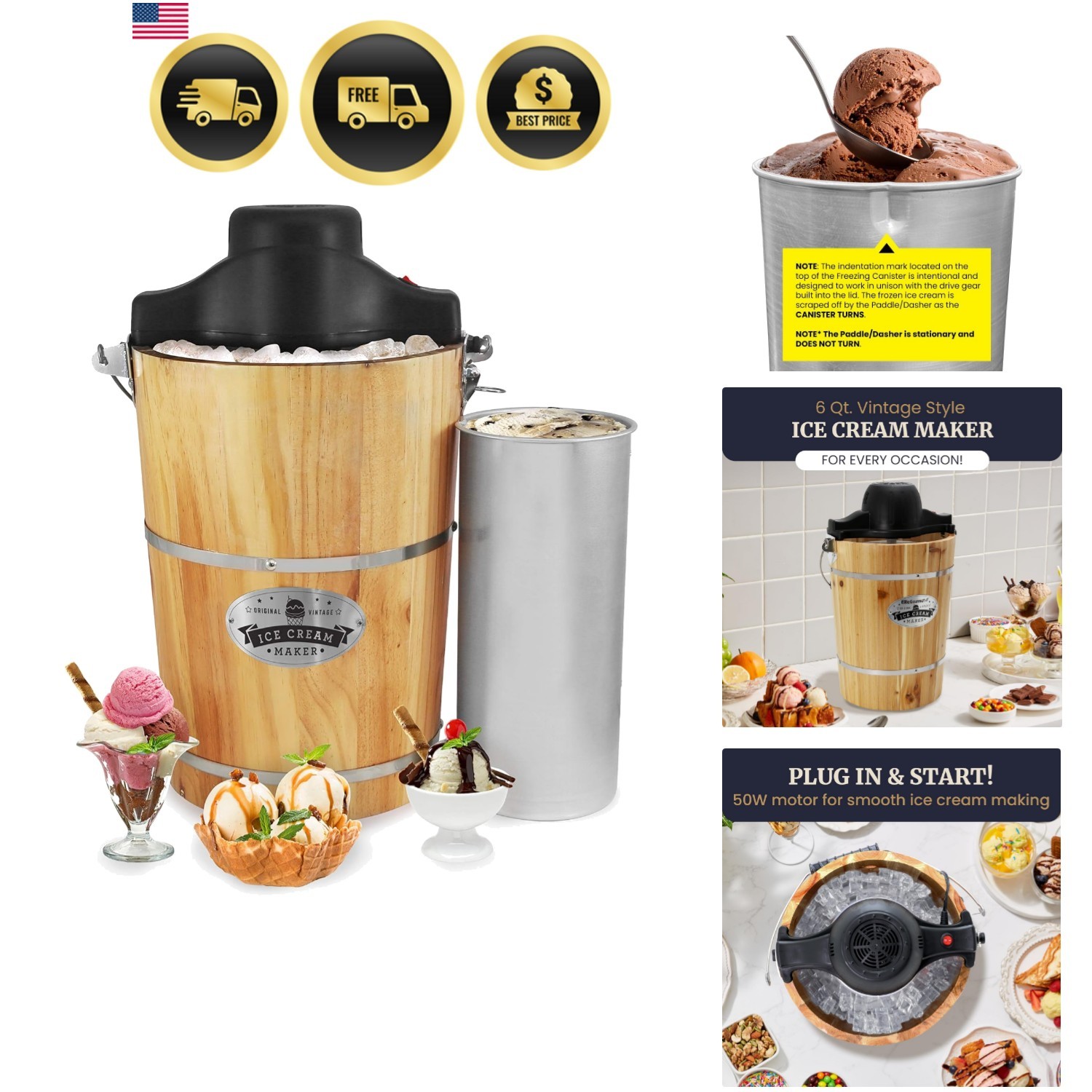 Ice Cream Maker 6 Quart Vintage Wood Bucket Electric Manual Plus Bonus
