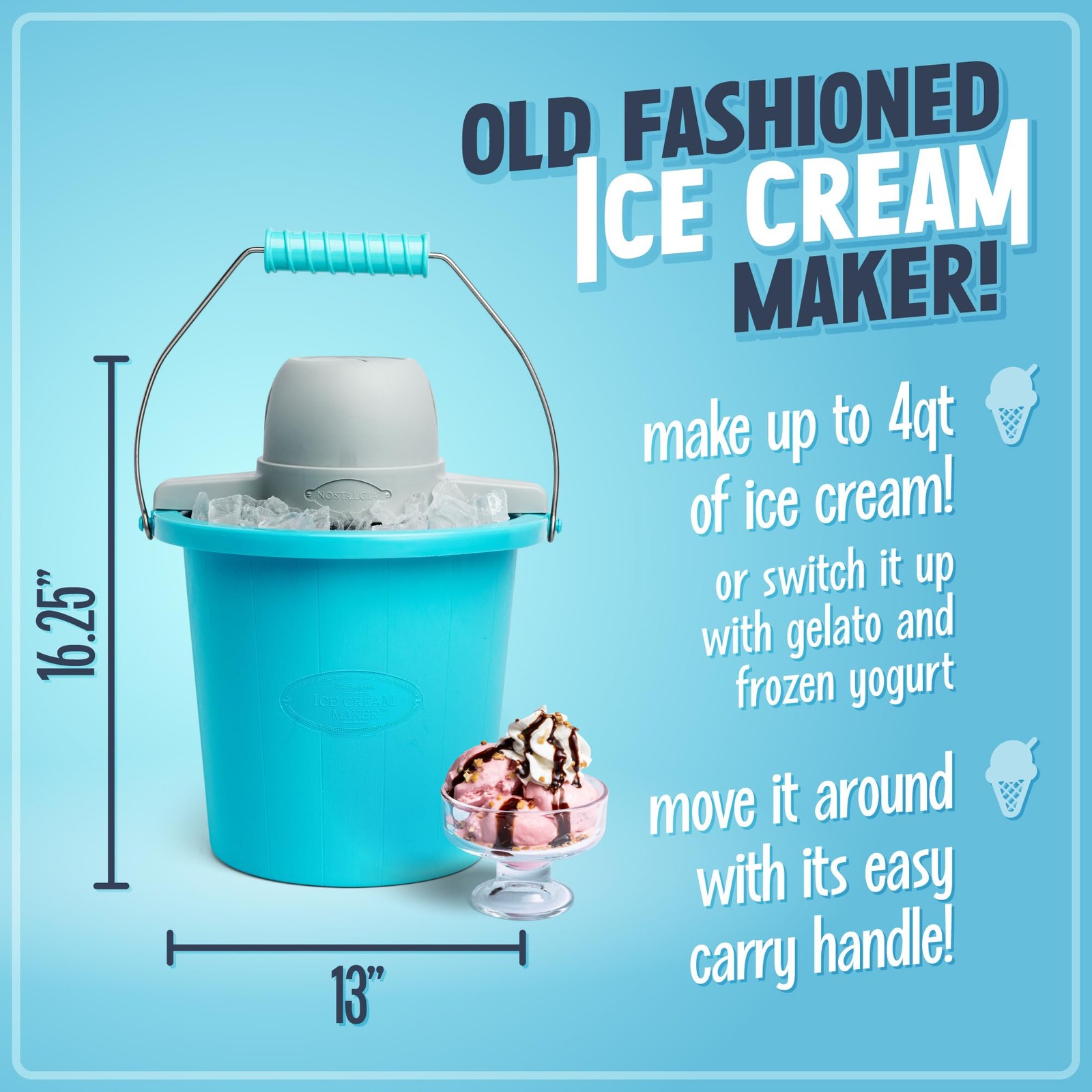Nostalgia Electric Ice Cream Maker – Old Fashioned Soft Serve 4 Qt, Blue