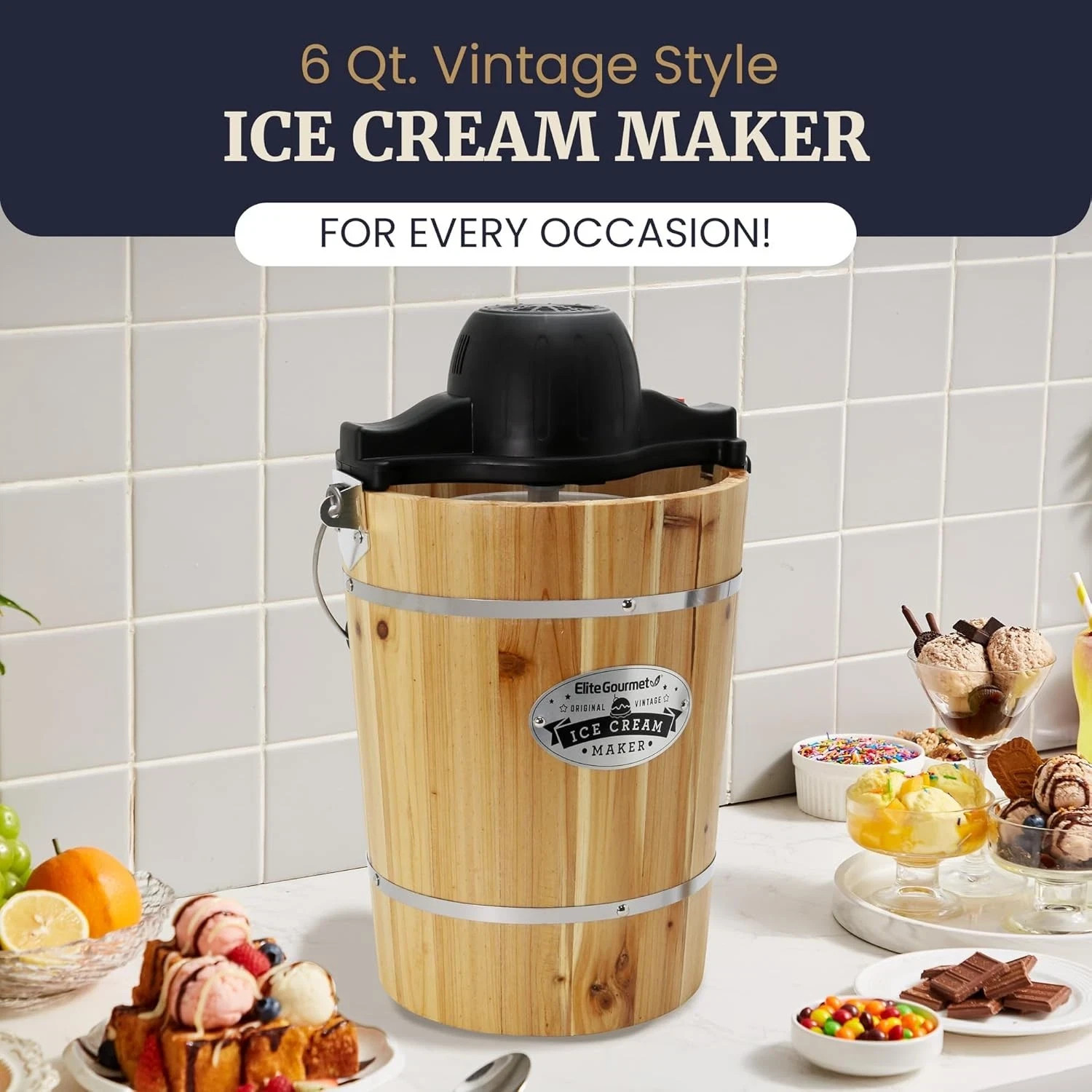 EIM916 Old Fashioned 6 Quart Vintage Wood Bucket Electric Ice Cream Maker Machin