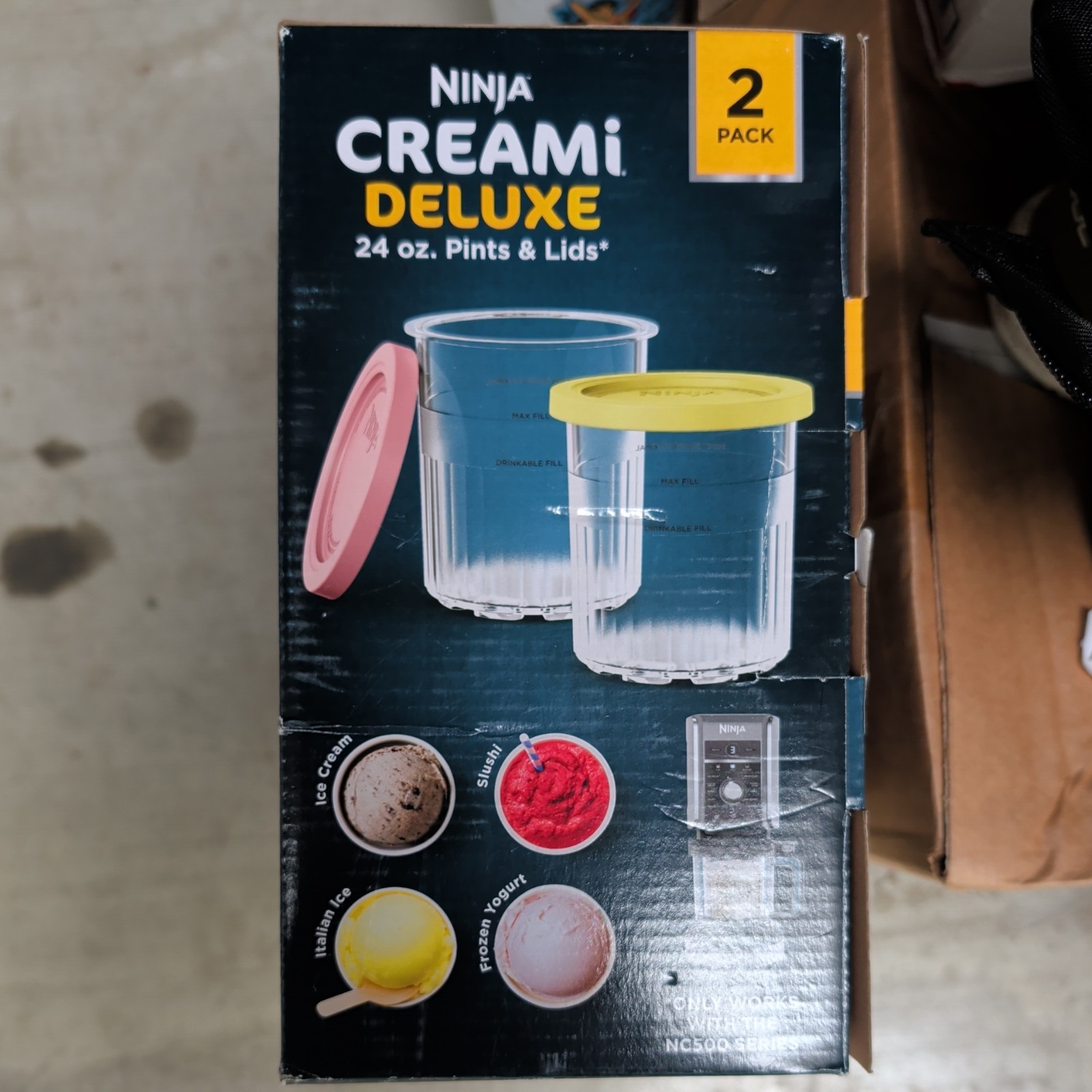 Ninja Creami Deluxe 24 oz Pints & Lids 2 Pack Coral & Yellow NC500 Series New
