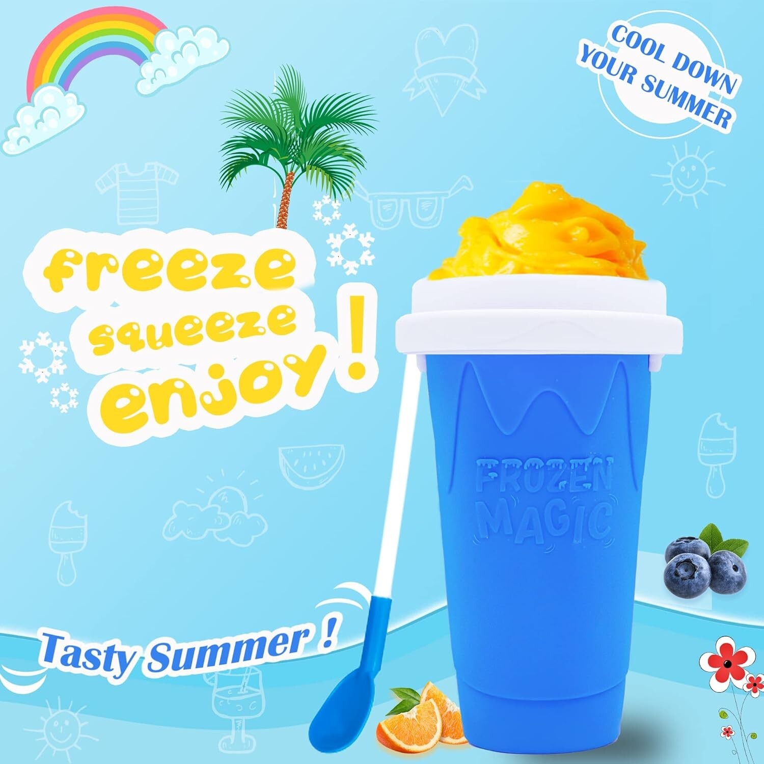 DIY Magic Slushy Maker – Quick Freeze Silicone Cup & Straw Spoon Combo, Blue