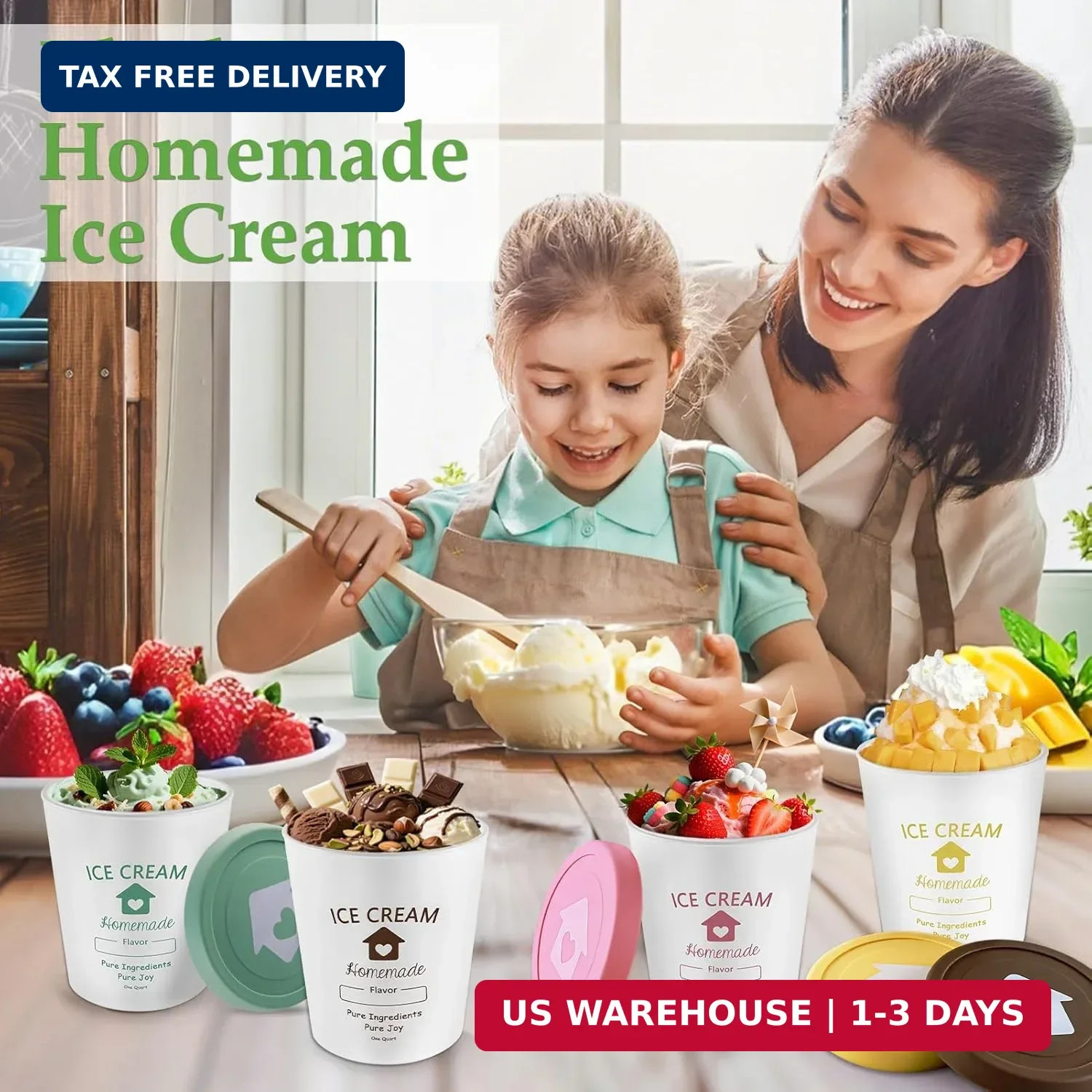 Ice Cream Containers with Silicone Lids for Homemade Ice Cream, 4 Pack 1 Quart E