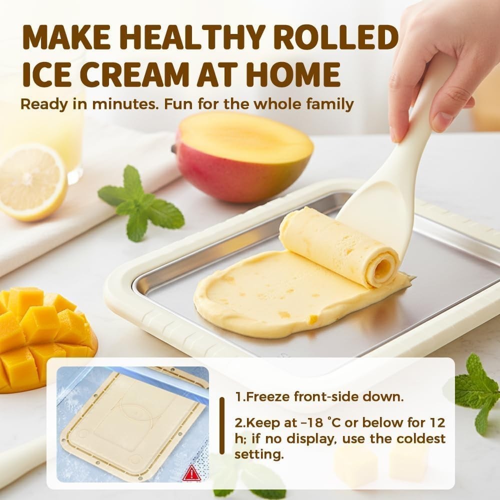 Rolled Ice Cream Maker Tray W/ Lid & 2 Scrapers 304 Stainless Steel Ice Cream