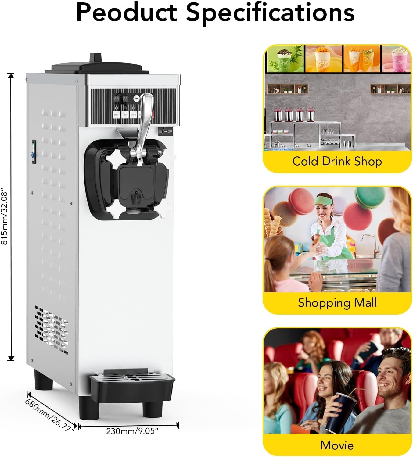 1200W Commercial Countertop Soft Serve Ice Cream Machine 4.7-5.8 Gal/H