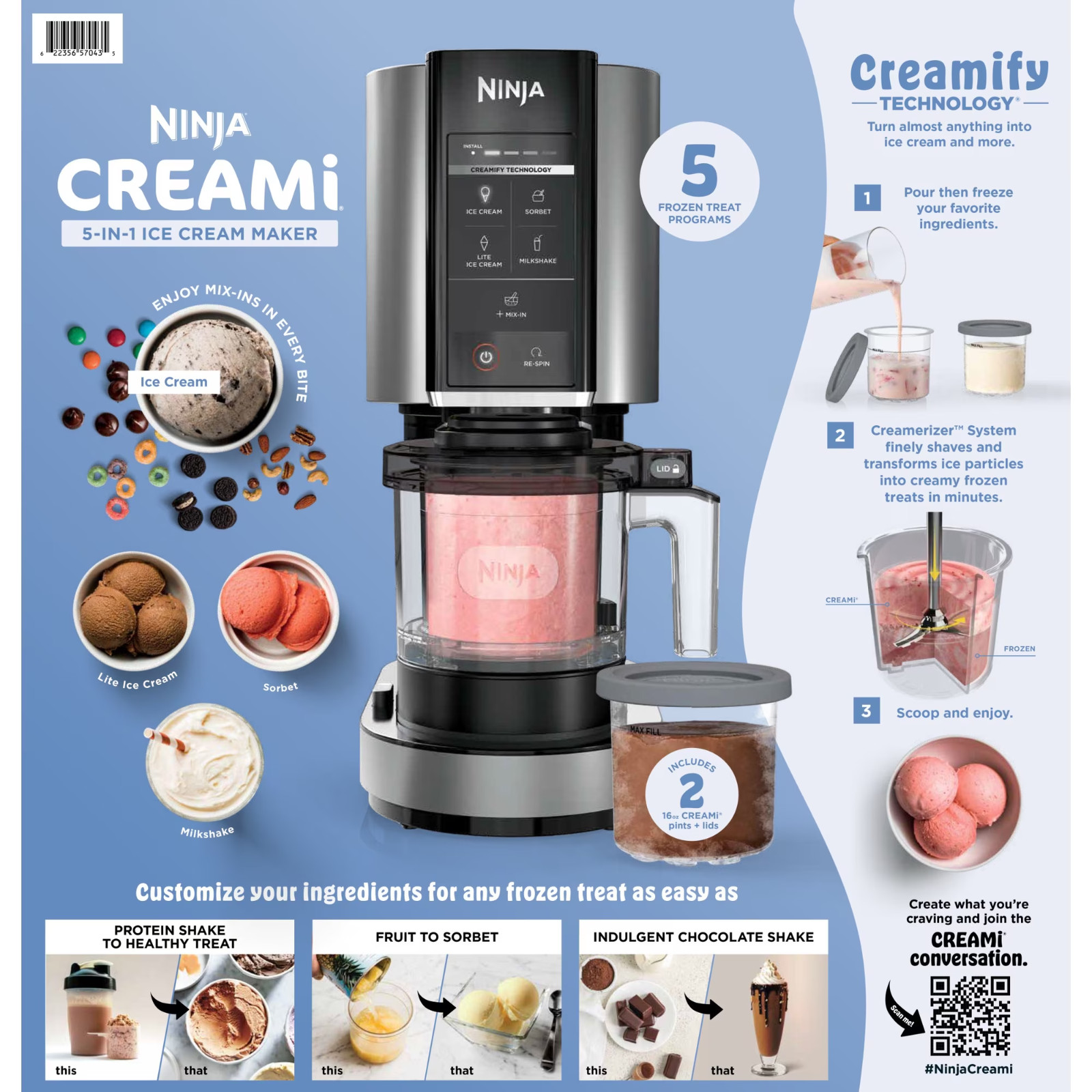 Ninja Creami Ice Cream Maker, for Mix-ins, Milkshakes, Sorbet, 5 One-Touch Progr