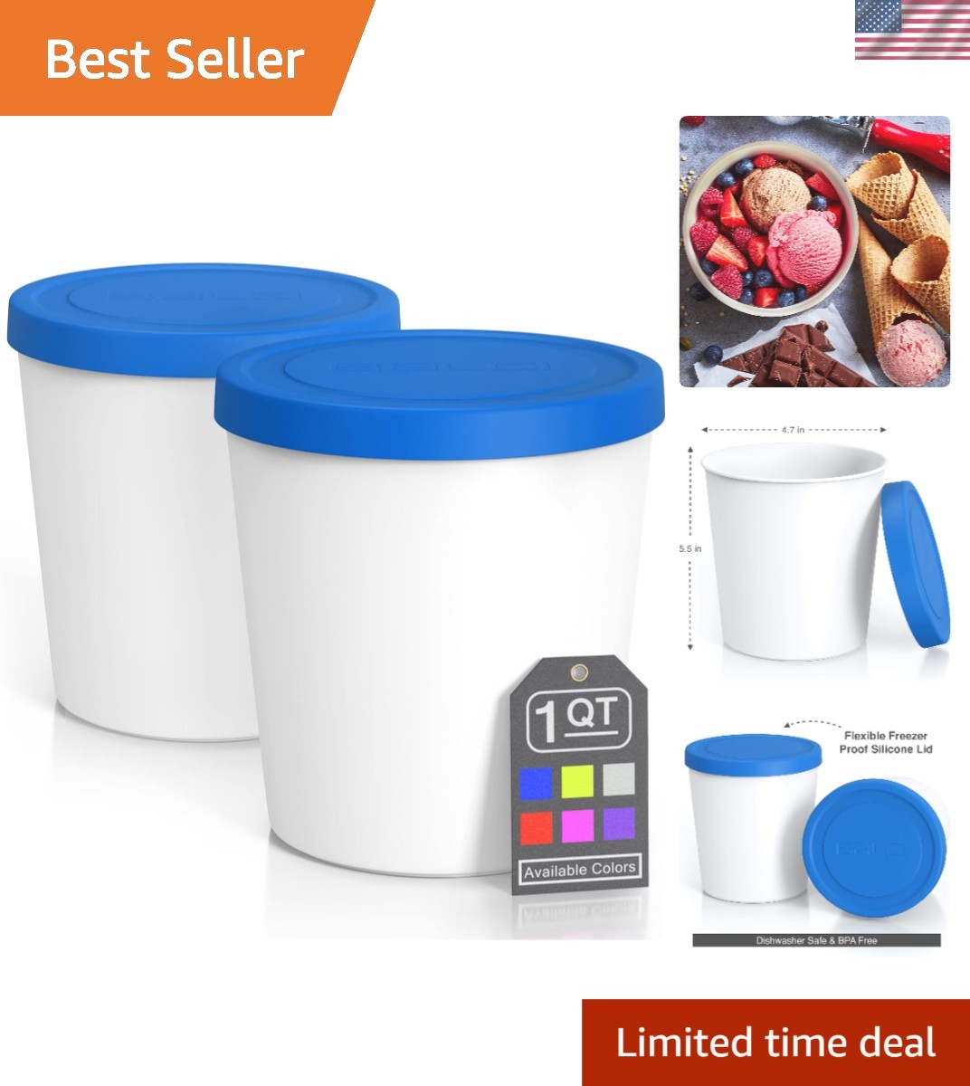 Durable Plastic Ice Cream Containers 2 Pack – 1 Quart with Lids, Dishwasher Safe