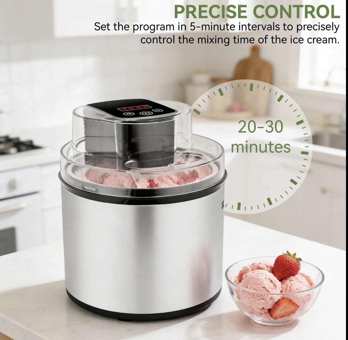 SUSTEAS 2 Qt 150W Electric Ice Cream Maker Timer, Brushed Stainless Freezer Bowl