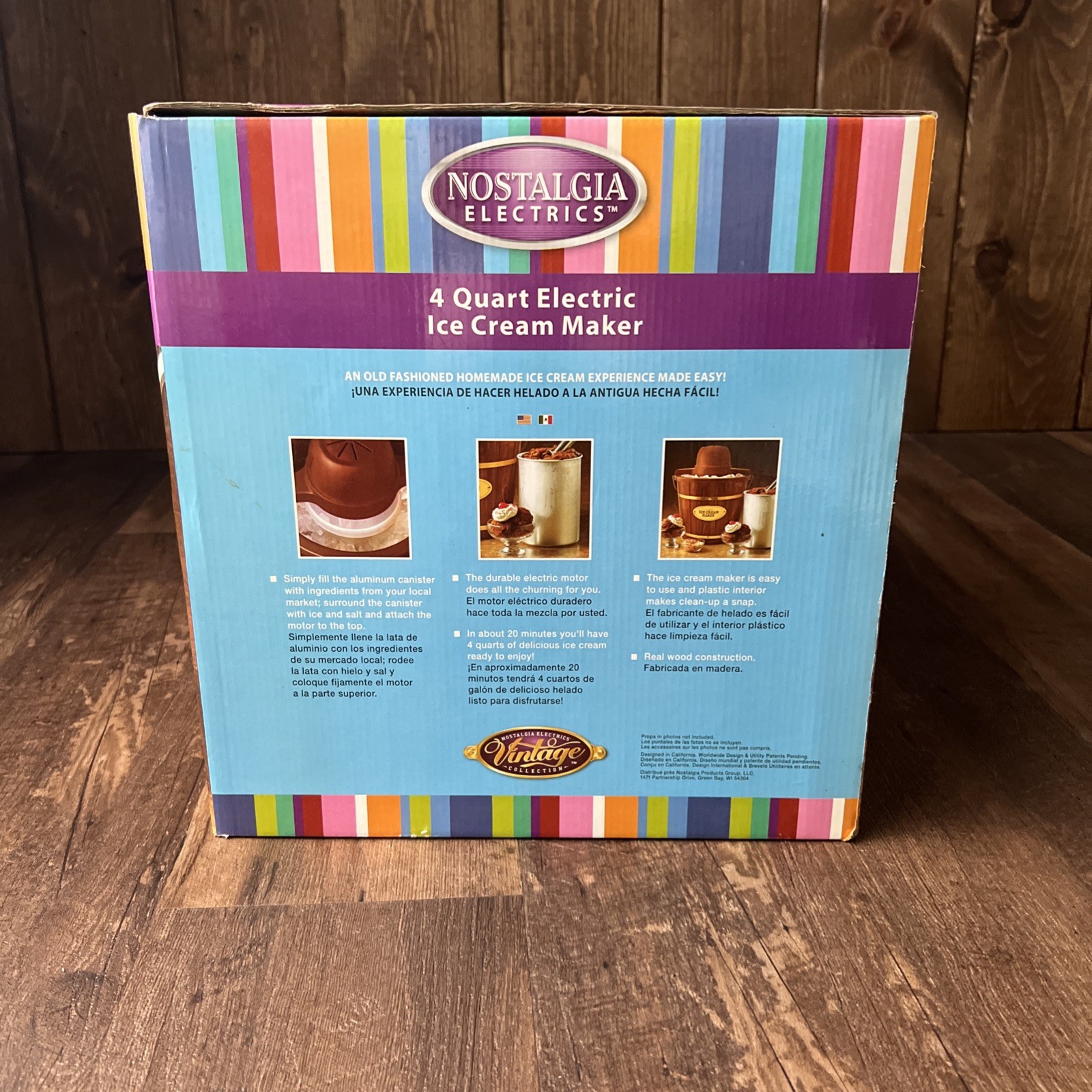 New In Box Nostalgia Electrics 4-Quart Wood Bucket Electric Ice Cream Maker