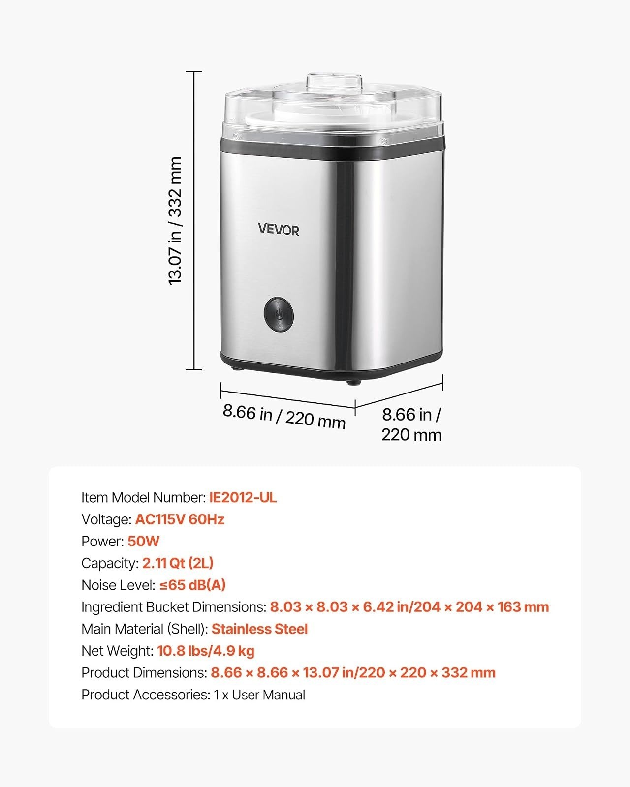 VEVOR Ice Cream Maker 2.11 Qt Electric Automatic Stainless Steel