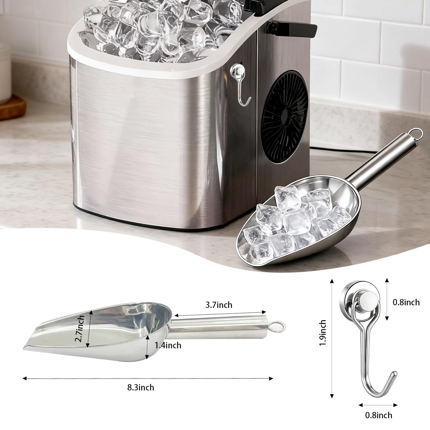 6oz Stainless Steel Ice Scoop for Freezer with Magnetic Hook，Kitchen Black
